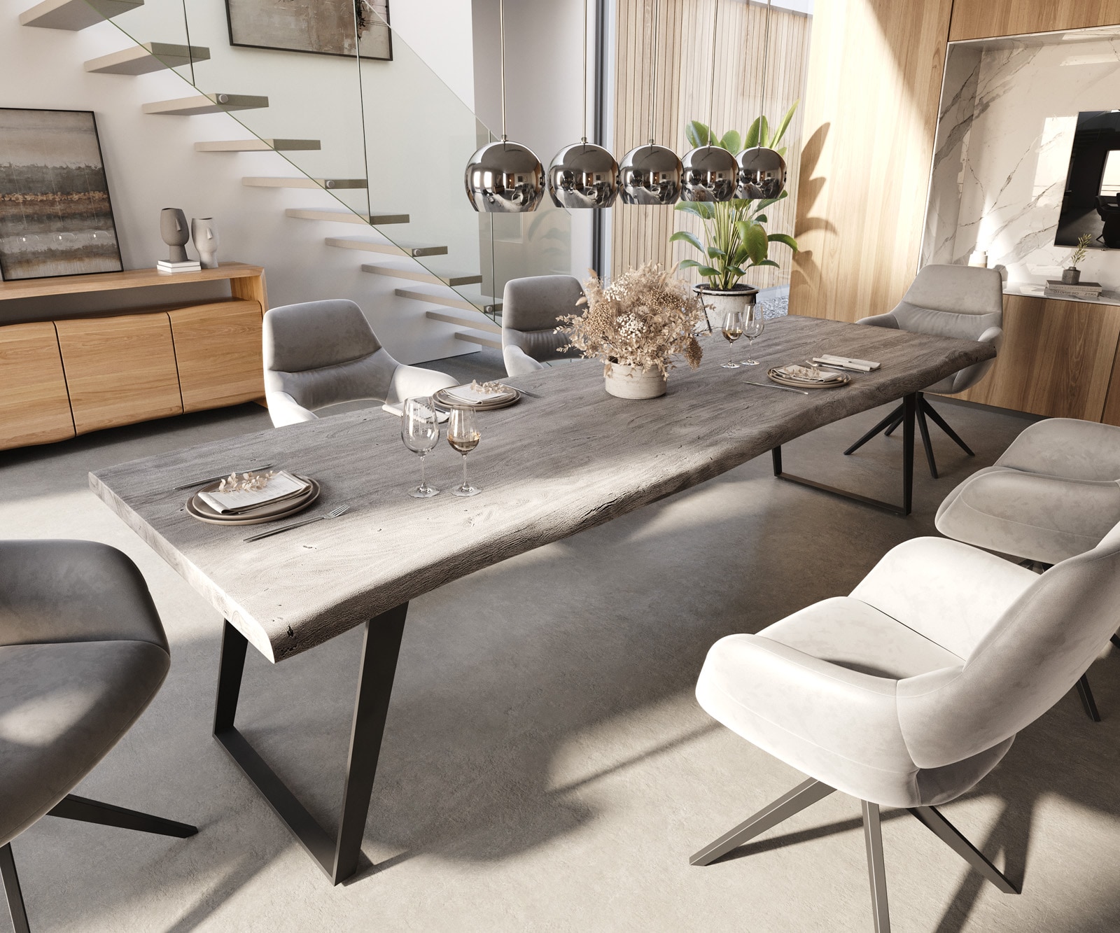 Table-à-manger Edge 300x100 XL acacia platine métal incliné Live-Edge Table-à-manger Edge 300x100 XL acacia platine métal incliné Live-Edge