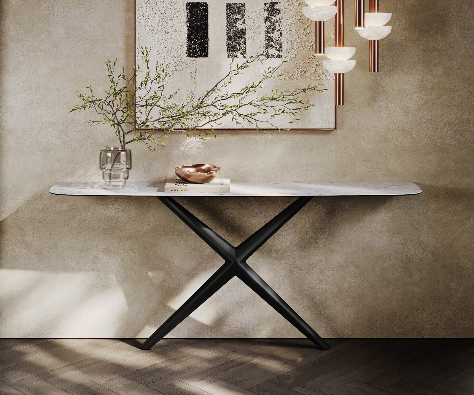 Console Edge forme bateau 180x40 cm Céramique Laminam® Statuarietto Weiß Estelo Métal Noir 1