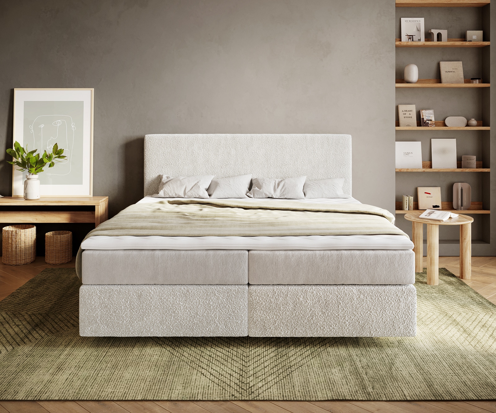 Lit-à-sommier-tapissier Dream-Well 180x200 cm Bouclé Crème-Blanc avec matelas à ressorts ensachés et surmatelas Visco 1 Lit-à-sommier-tapissier Dream-Well 180x200 cm Bouclé Crème-Blanc avec matelas à ressorts ensachés et surmatelas Visco 1