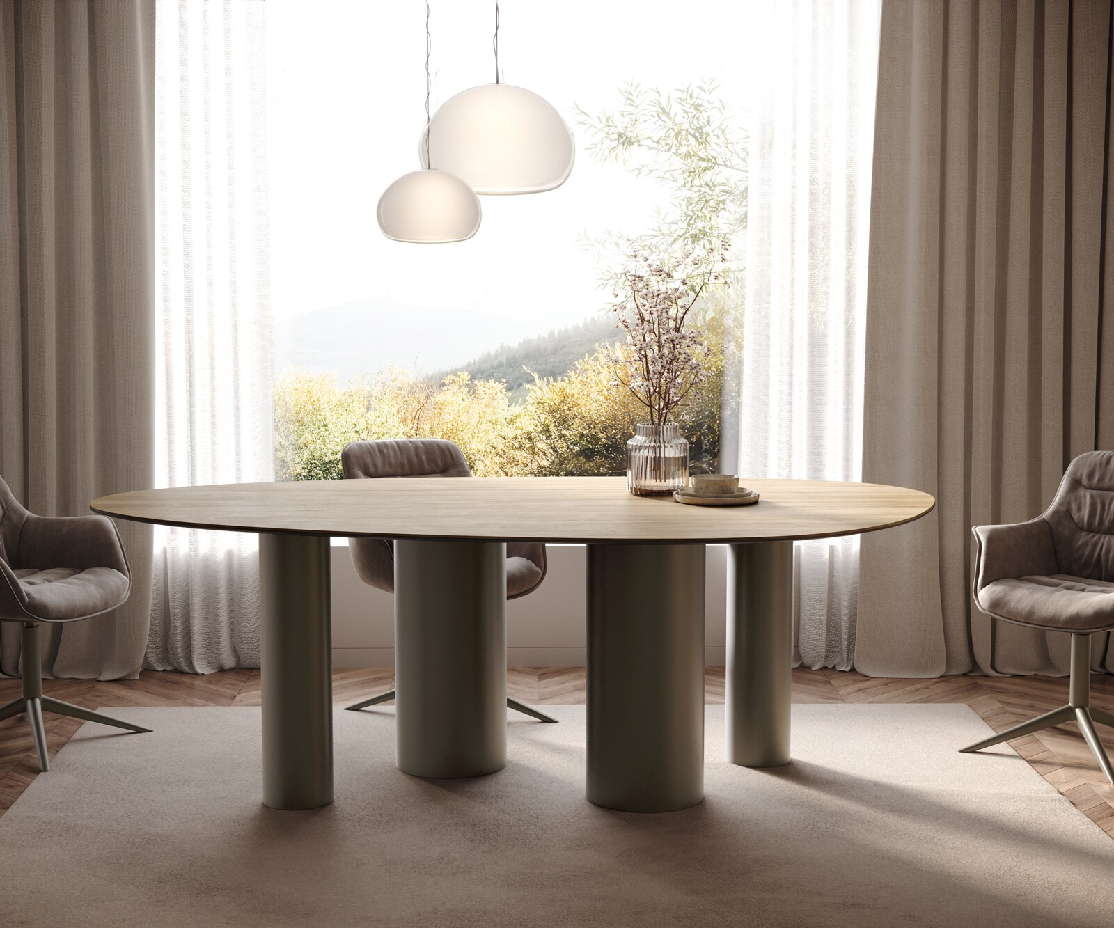 Table à manger Edge Ovale 220x120 Céramique Laminam® Sabbia Couleur chêne Pilier Métal finition à effet Titane 2