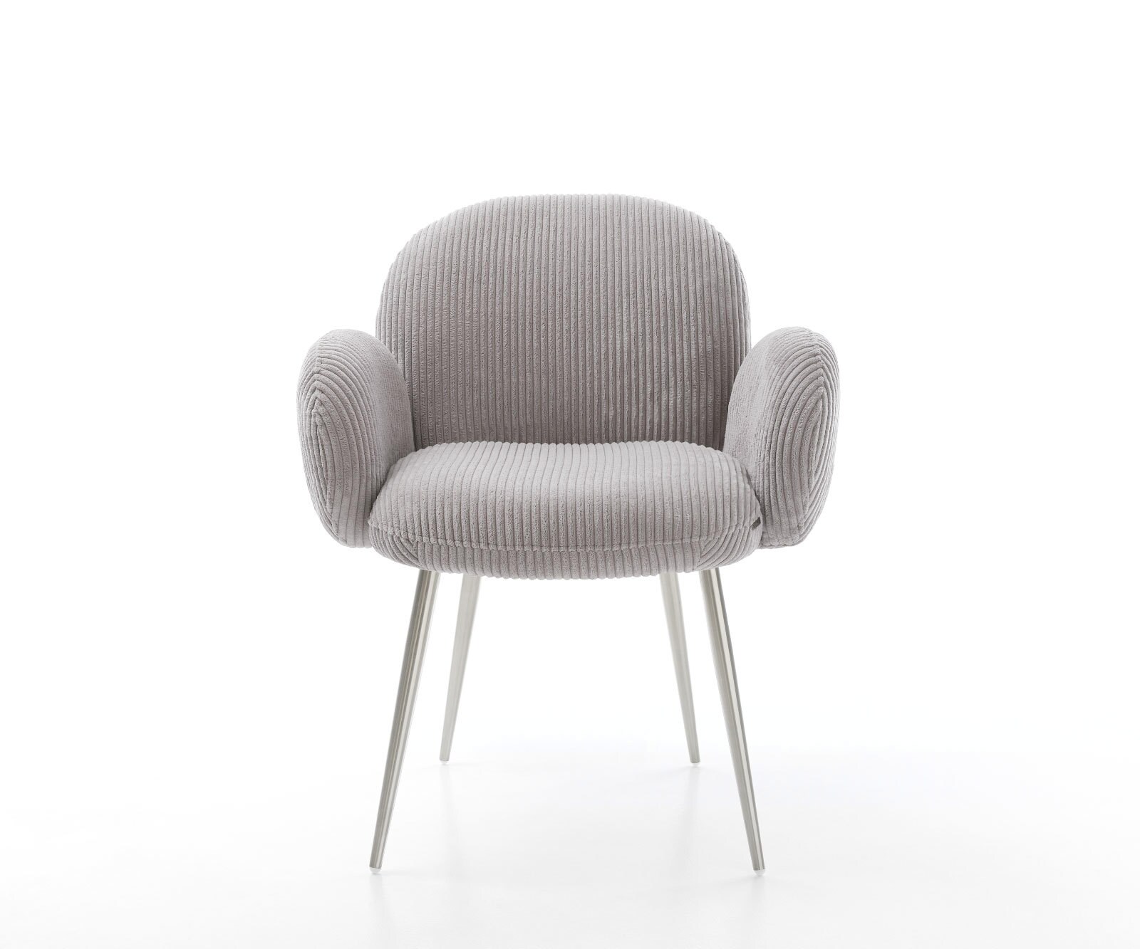 Chaise-de-salle-à-manger Nube-Flex avec accoudoirs côtelé gris argenté 4 pieds coniques acier inoxydable brossé ressorts ensachés 1 Chaise-de-salle-à-manger Nube-Flex avec accoudoirs côtelé gris argenté 4 pieds coniques acier inoxydable brossé ressorts ensachés 1