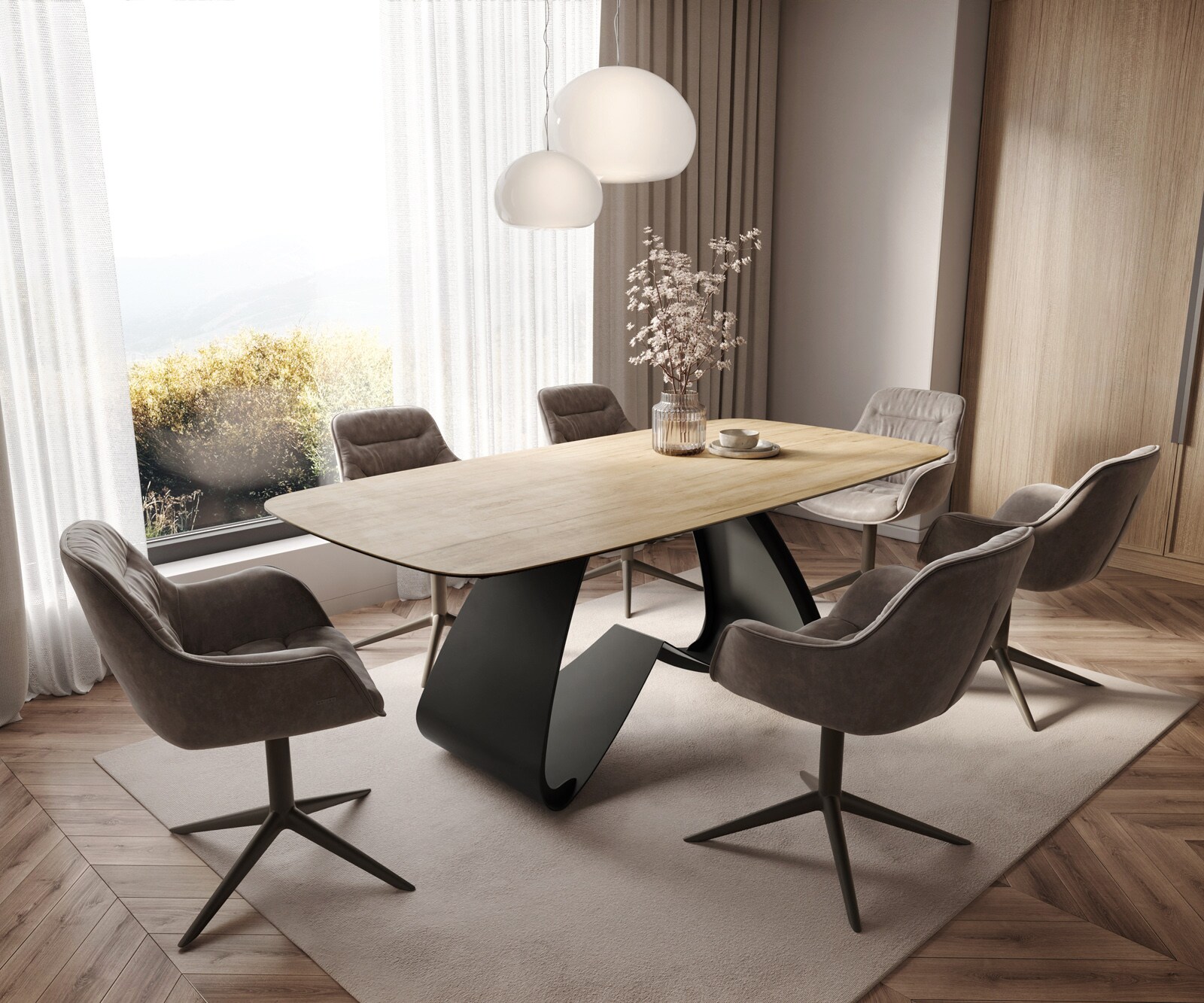 Table à manger Edge Boot 200x100 céramique Laminam® Sabbia chêne coloré cadre en W métal noir 7