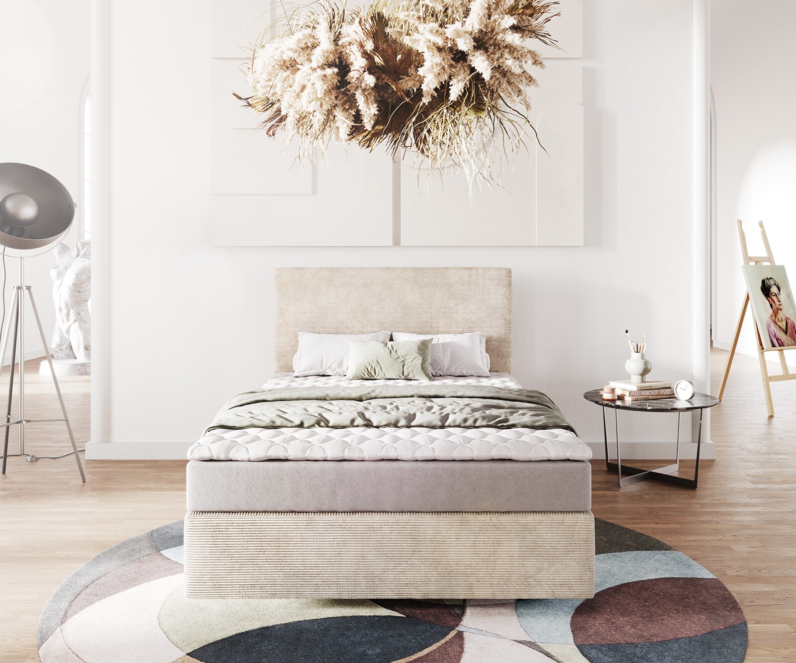 Lit-à-sommier-tapissier Dream-Well 120x200 cm Velours côtelé Beige avec matelas et surmatelas 1