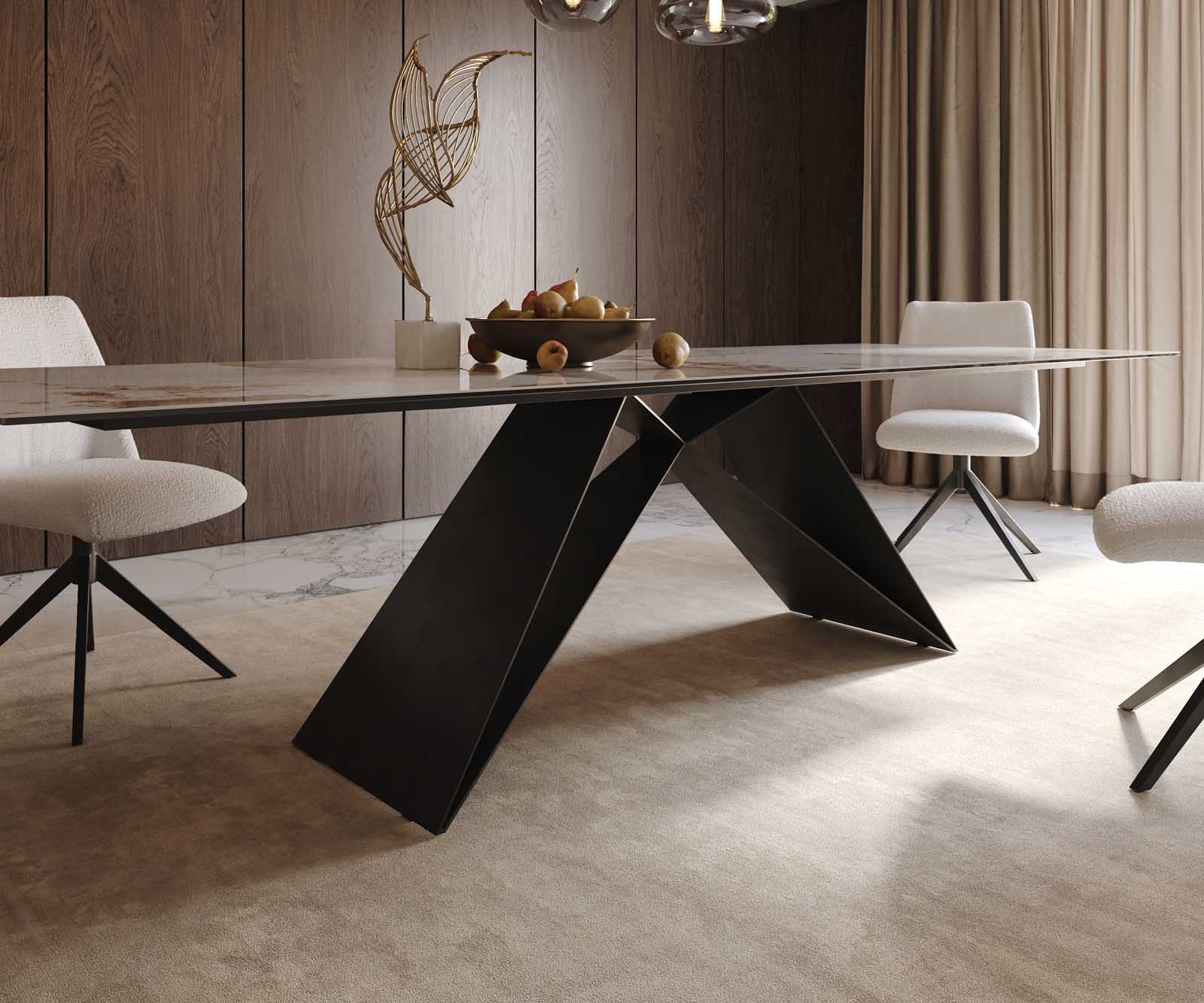 Table à manger Edge 300x100 céramique Minas mélange blanc-beige cadre en V acier plat noir 7