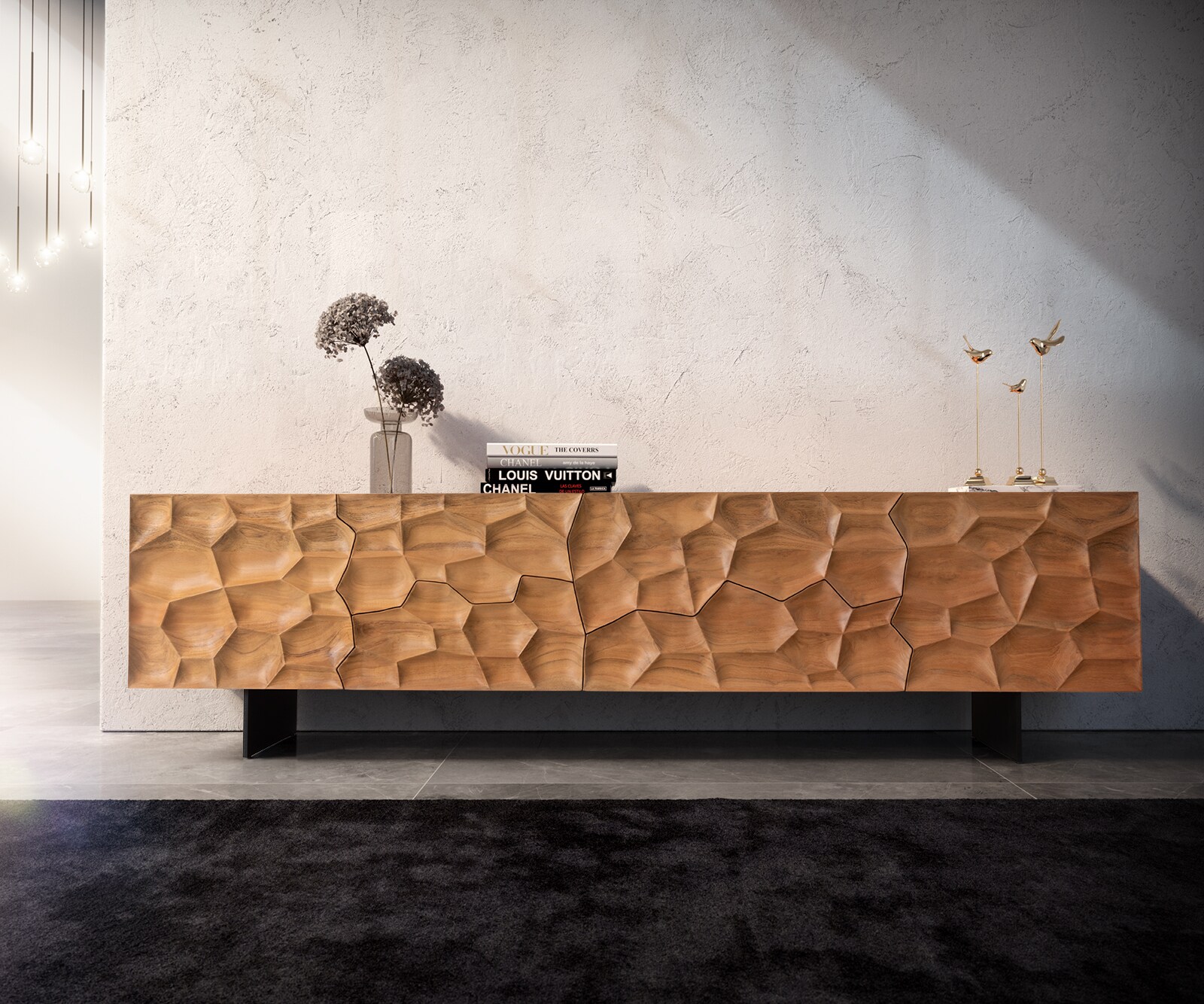 Meuble-TV Solu 220 cm acacia naturel 2 portes 4 tiroirs pied flottant métal noir façade 3D 2