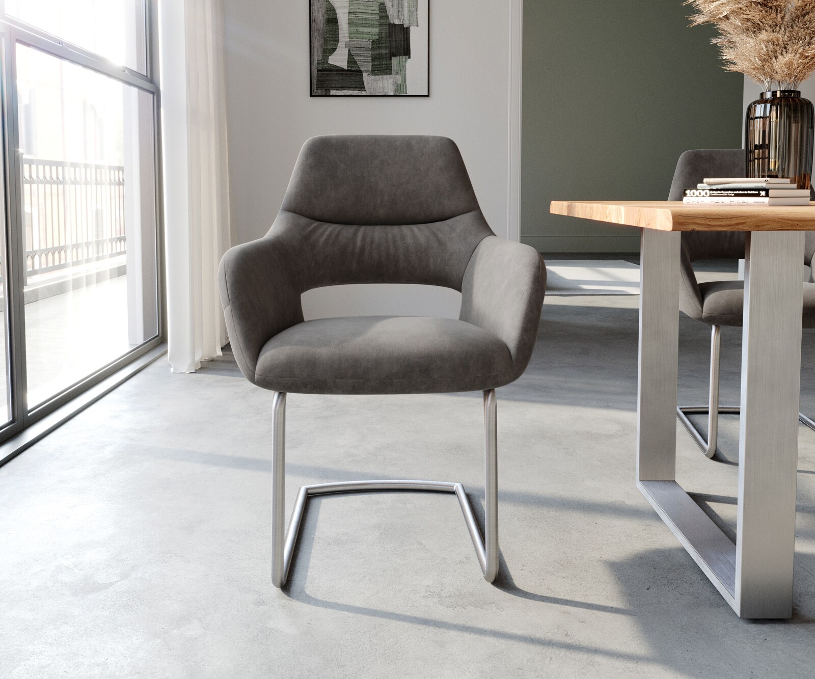 Cantilever Yago-Flex avec accoudoirs microvelours anthracite vintage pied cantilever rond acier inoxydable brossé ressorts ensachés 2