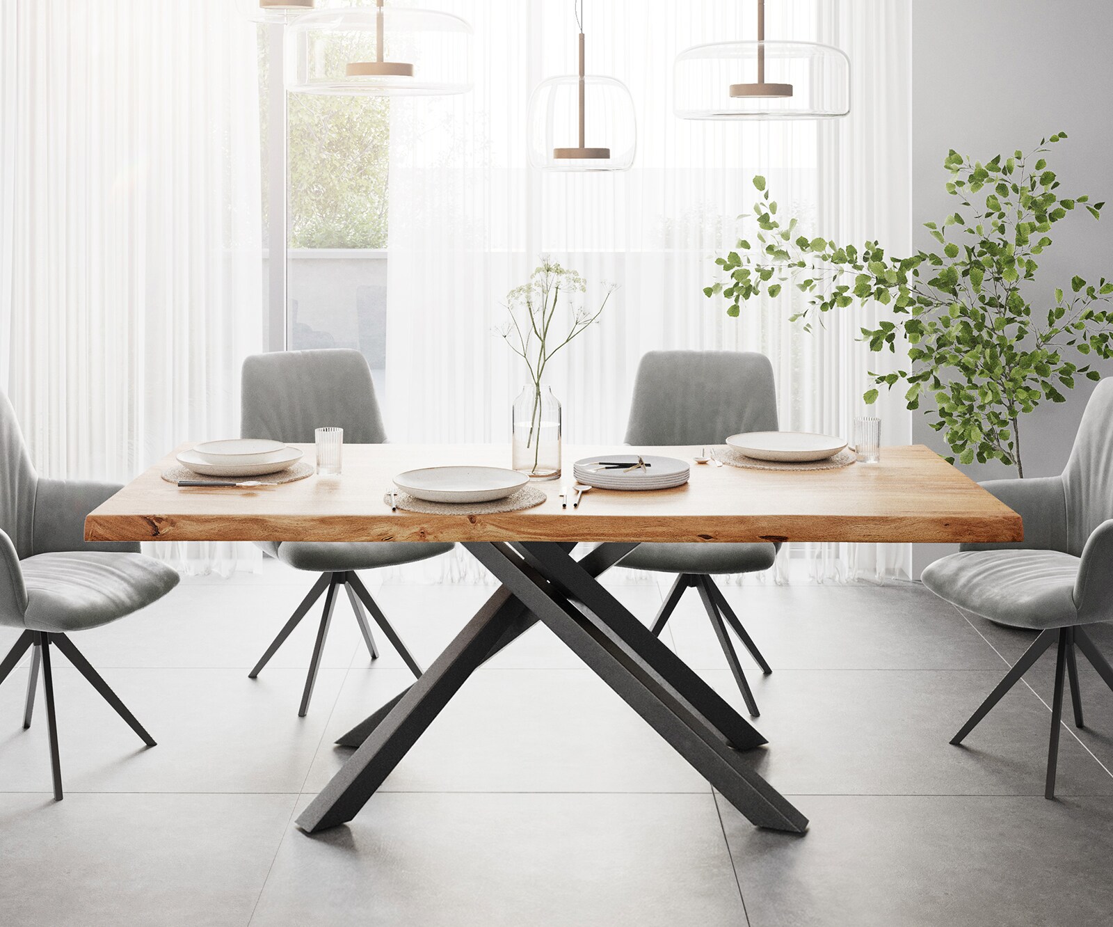 Table à manger Edge 200x100 XL Acacia Naturel cadre croisé Rectangle Noir Live-Edge 2
