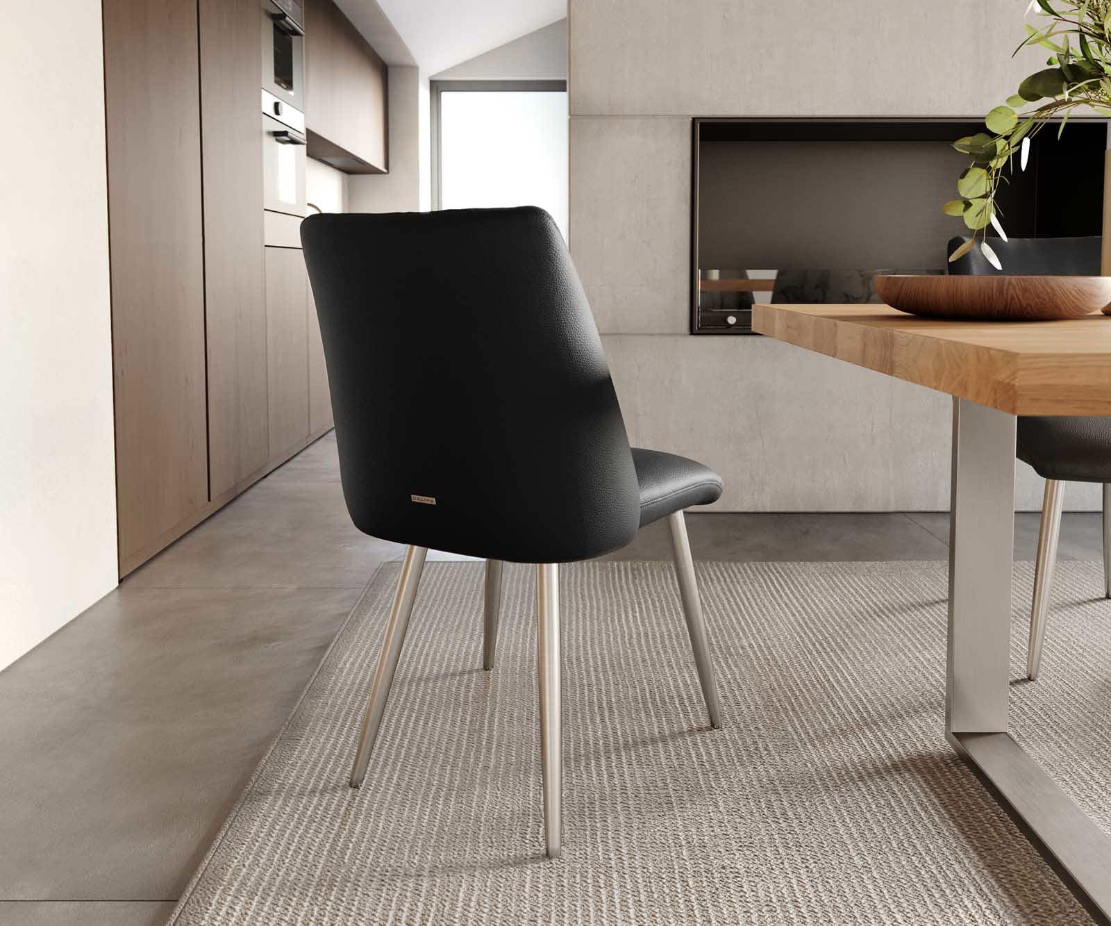 Chaise-de-salle-à-manger Elso-Flex cuir de vache noir 4 pieds coniques acier inoxydable brossé ressorts ensachés 3 Chaise-de-salle-à-manger Elso-Flex cuir de vache noir 4 pieds coniques acier inoxydable brossé ressorts ensachés 3