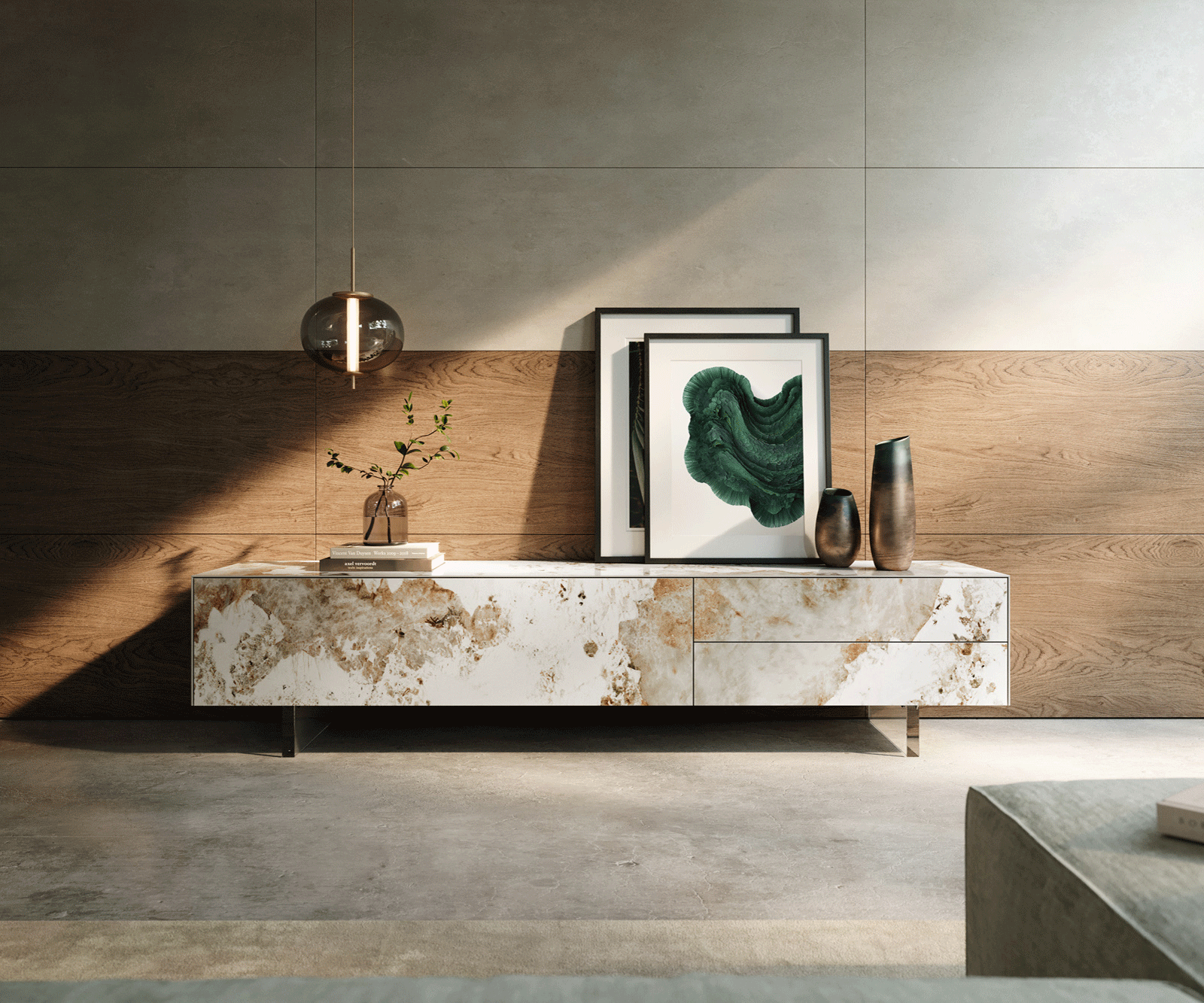 Meuble-TV Cuor 220 cm Céramique Minas Melange Blanc-beige 1 Clapet 2 Tiroirs Pied optique flottant Verre acrylique 2