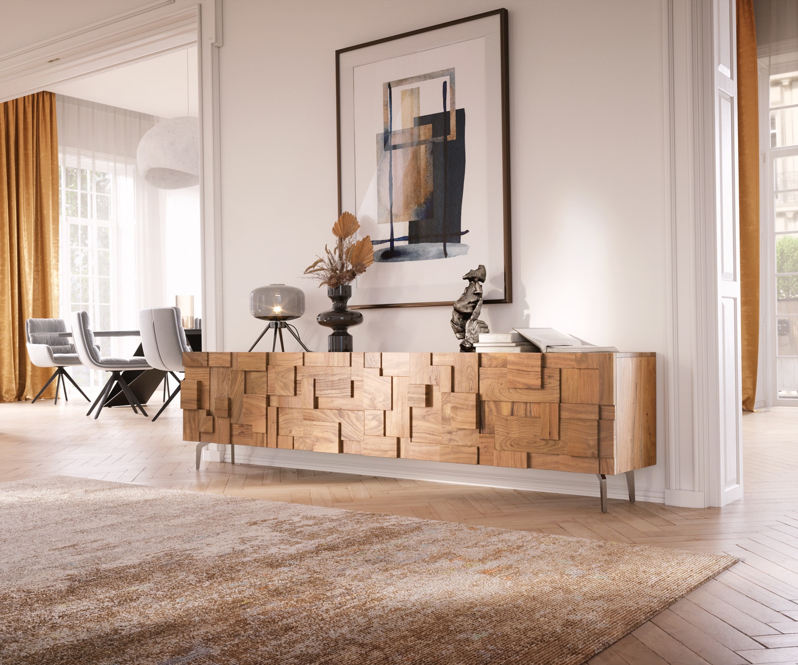 Meuble-TV Puzzle 220cm acacia naturel 4 portes pied équerre inox