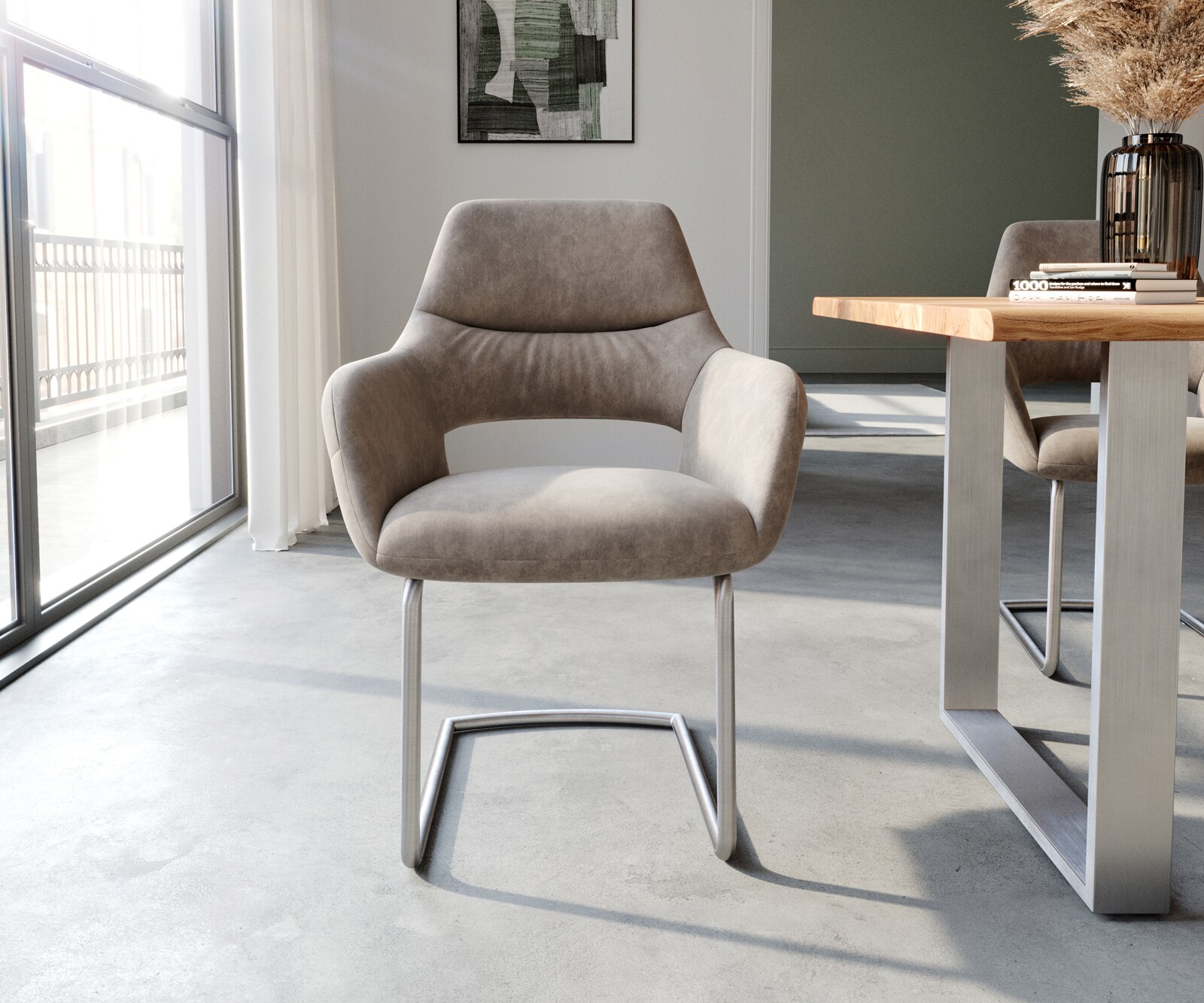 Cantilever Yago-Flex avec accoudoirs microvelours taupe vintage pied cantilever rond acier inoxydable brossé ressorts ensachés 2