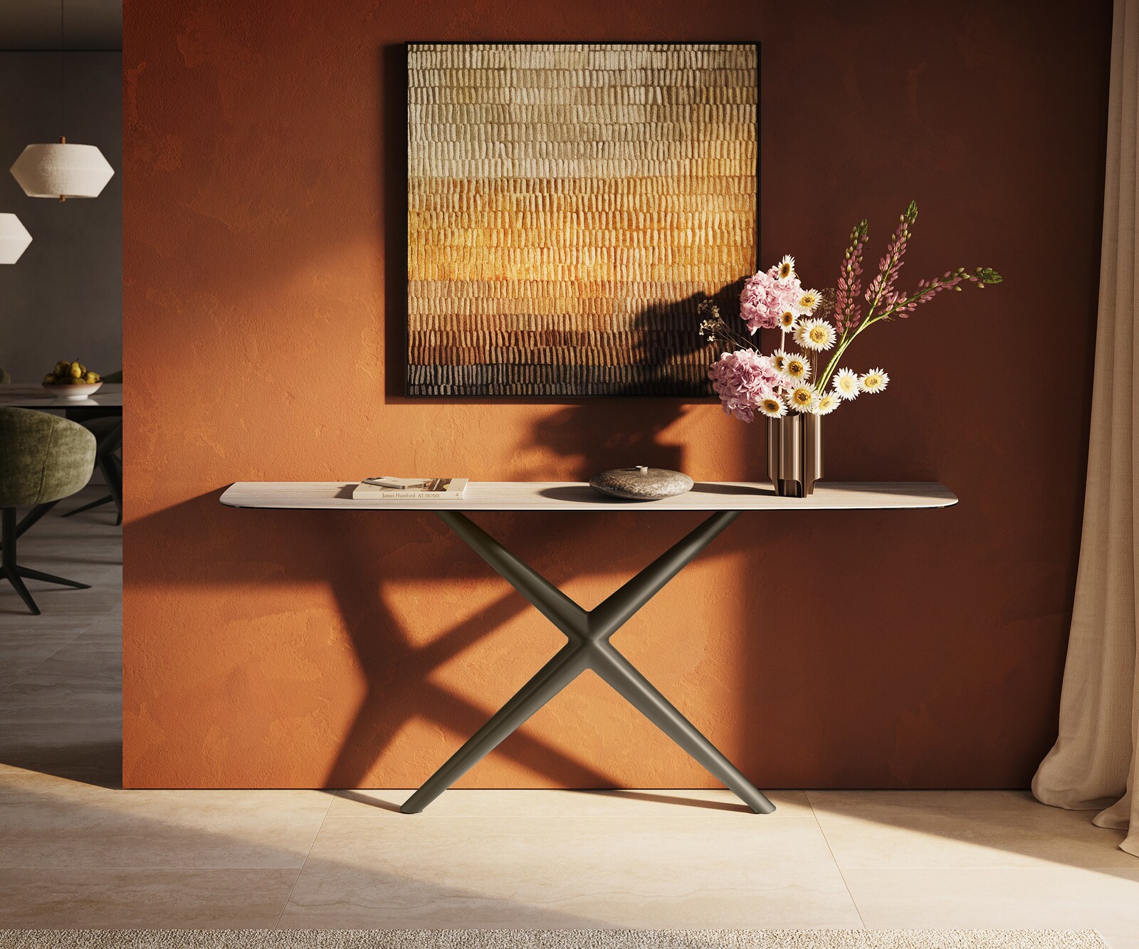 Console Edge forme bateau 180x40 cm Céramique Laminam® Travertino Bianco Creme-Weiß Estelo Métal Effektfinish Titan