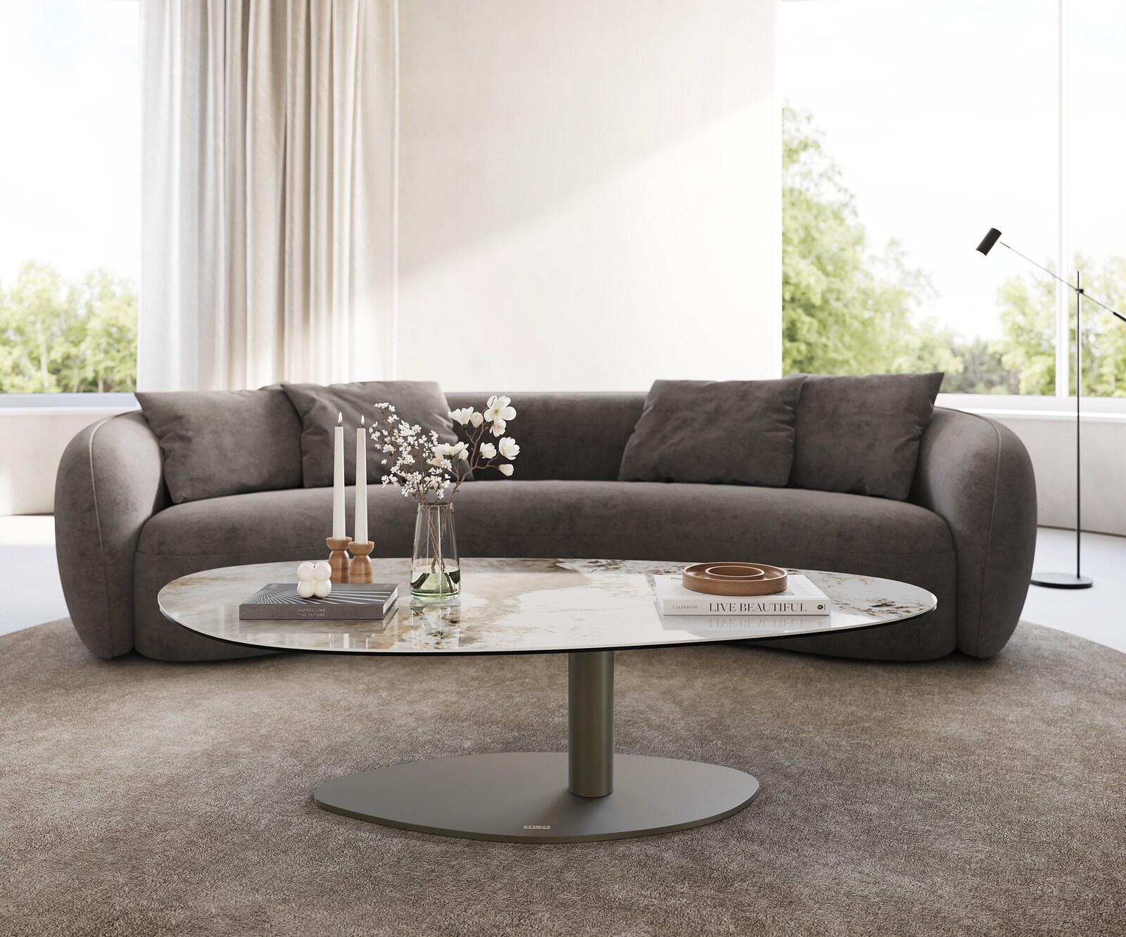 Table basse Edge Oval 140x75 cm céramique Minas Melange Vibany Metall finition effet titane 2