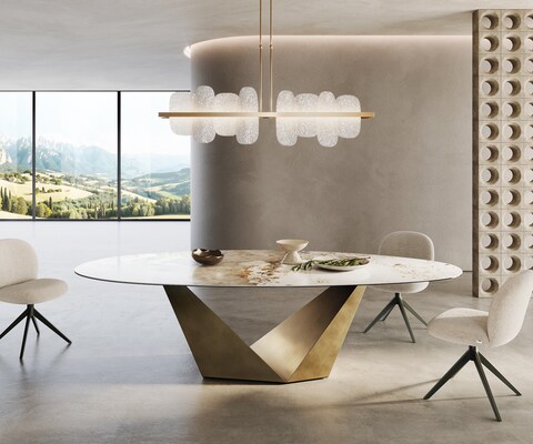 Table à manger Edge ovalee 280x130 céramique Minas mélange blanc-beige Prisma métallique doré