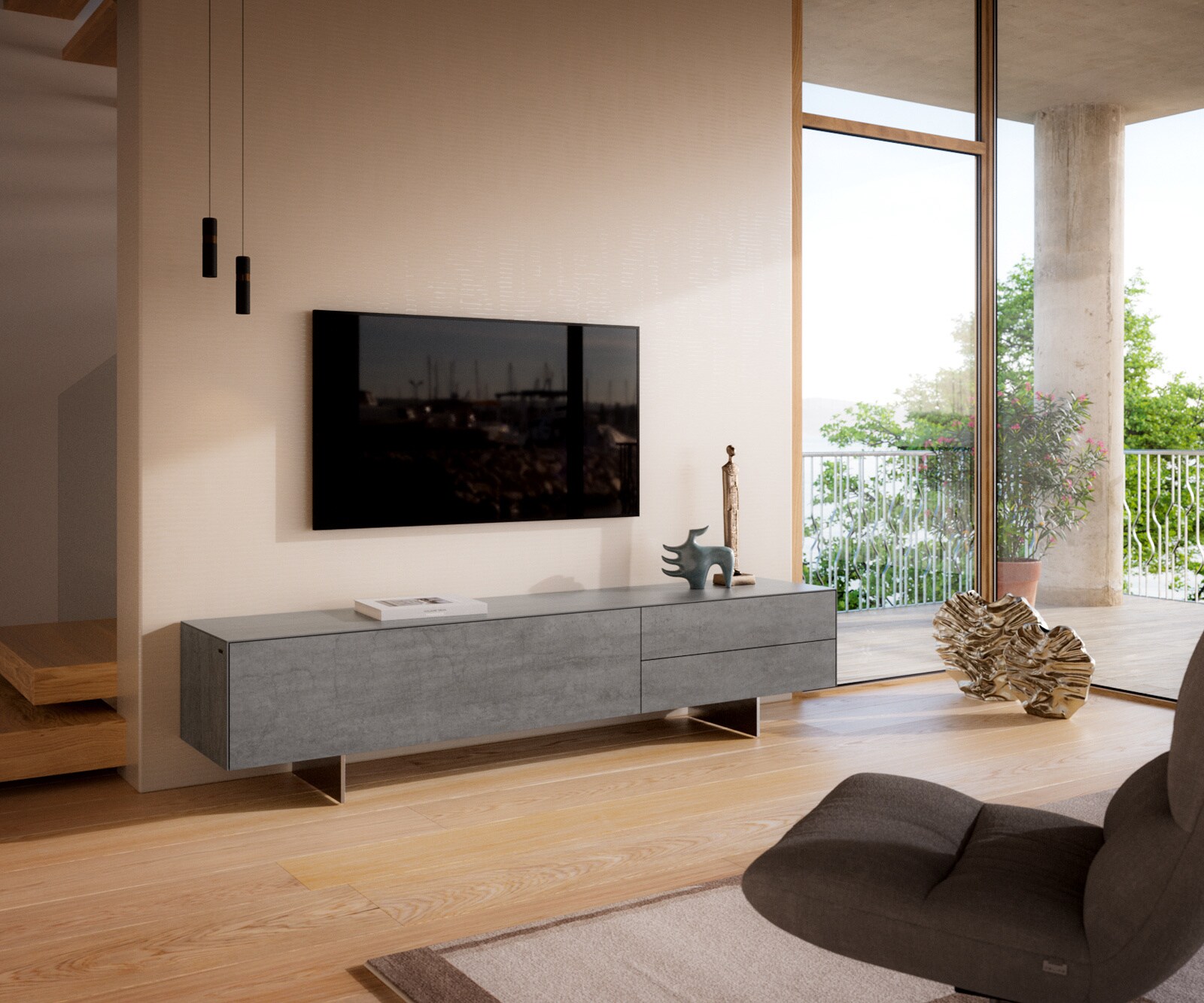Meuble-TV Cuor 220 cm Céramique Béton gris 1 Clapet 2 Tiroirs Pied optique flottant Ancier inoxydable 1