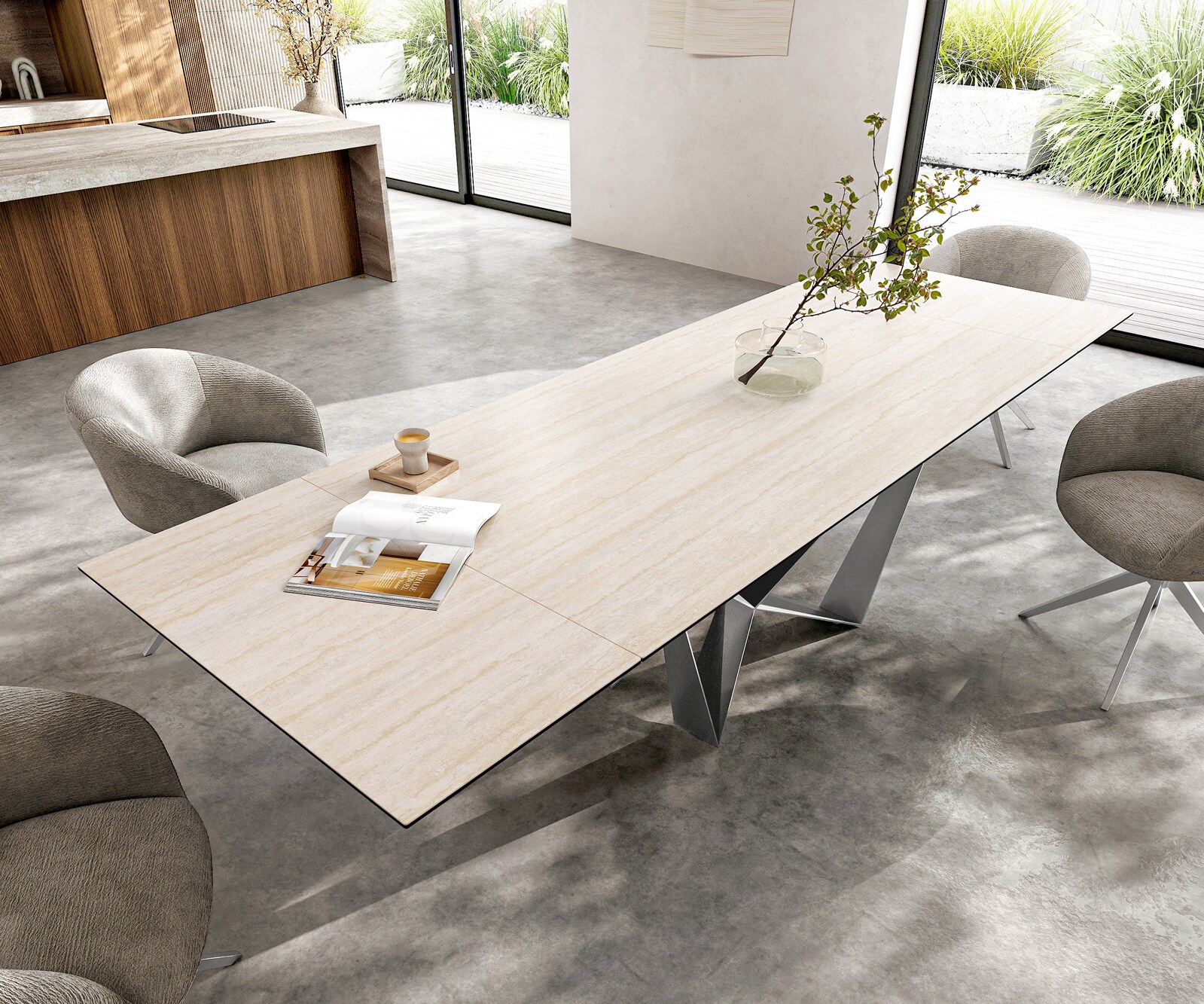 Table à manger Edge 200-300x100 céramique Laminam® Travertino Bianco crème-blanc Spider acier plat acier inoxydable extensible 3