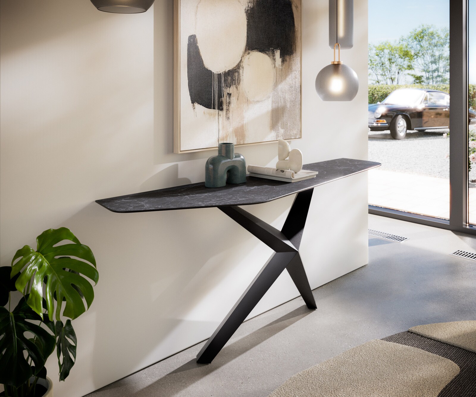 Console Edge Polygonal 180x50 cm Céramique Laminam® Nero Greco Anthrazit Zentharo Métal Noir 1