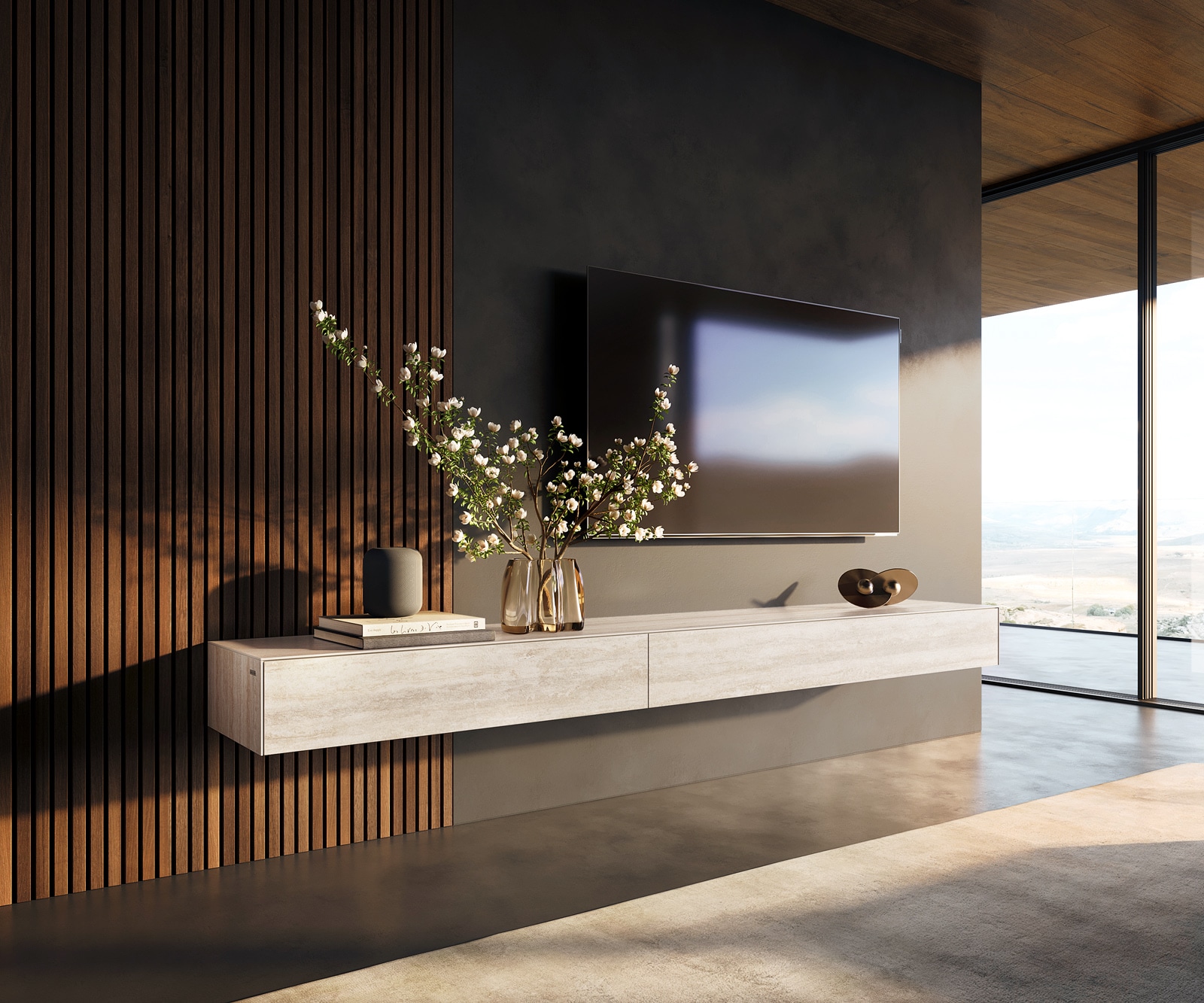 Meuble-TV Cuor 250 cm Céramique Laminam® Travertino Bianco Crème-blanc 1 Clapet 1 Tiroir Flottant 1