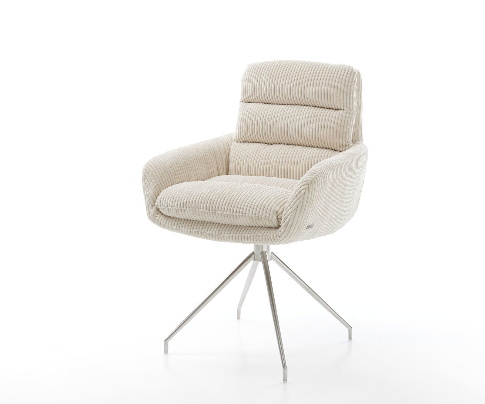 Chaise-de-salle-à-manger Abelia-Flex avec accoudoirs côtelé beige vintage pied croisé conique acier inoxydable brossé
