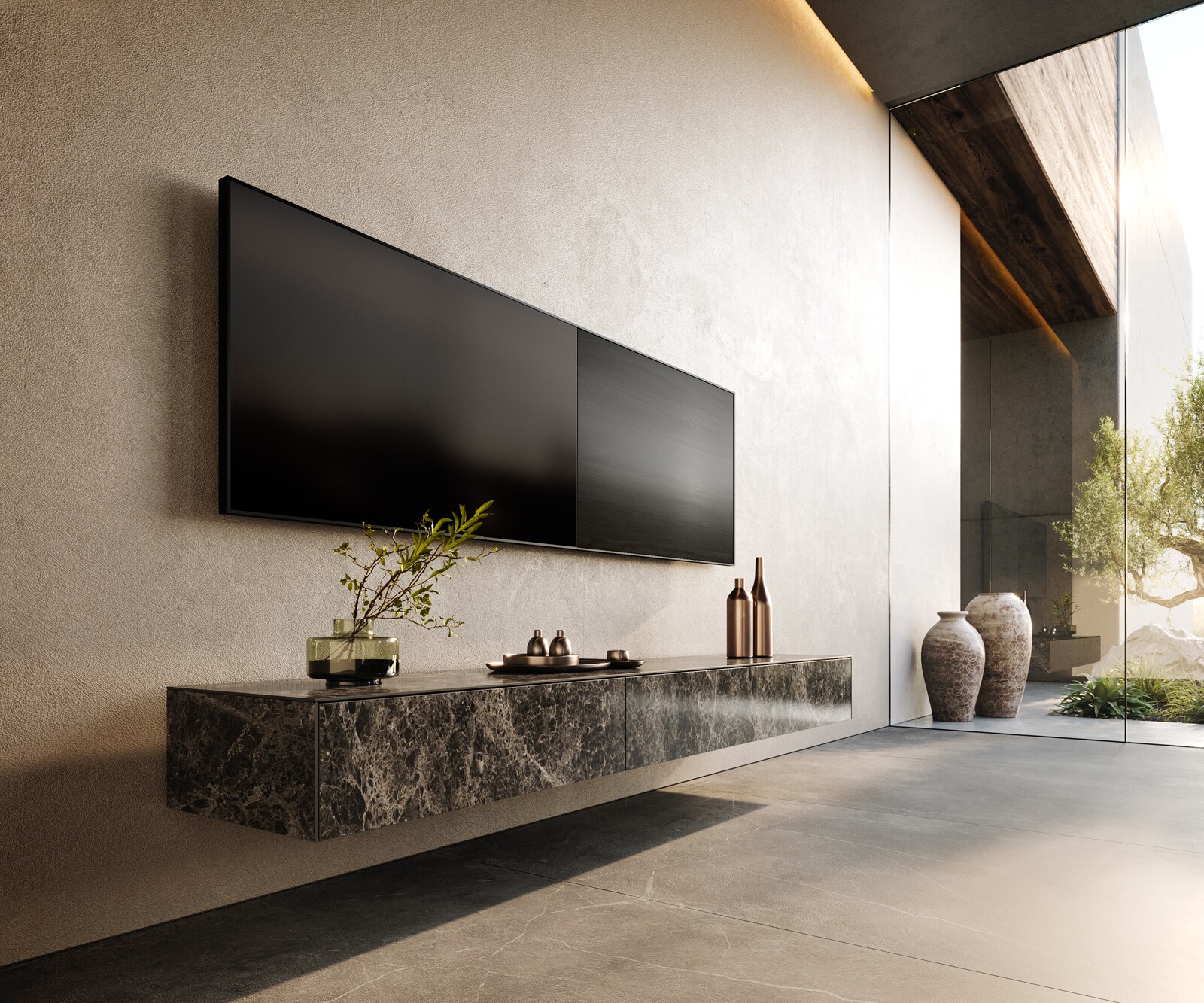 Meuble-TV Cuor 200 cm Céramique Laminam® Emperador Extra Lucidato brun foncé 1 Clapet 1 Tiroir Flottant