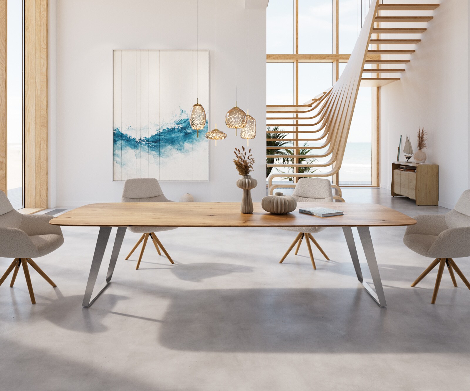 Table à manger Edge Boot 300x120x2,5-3 chêne nature acier inoxydable inclinée bord suisse 1