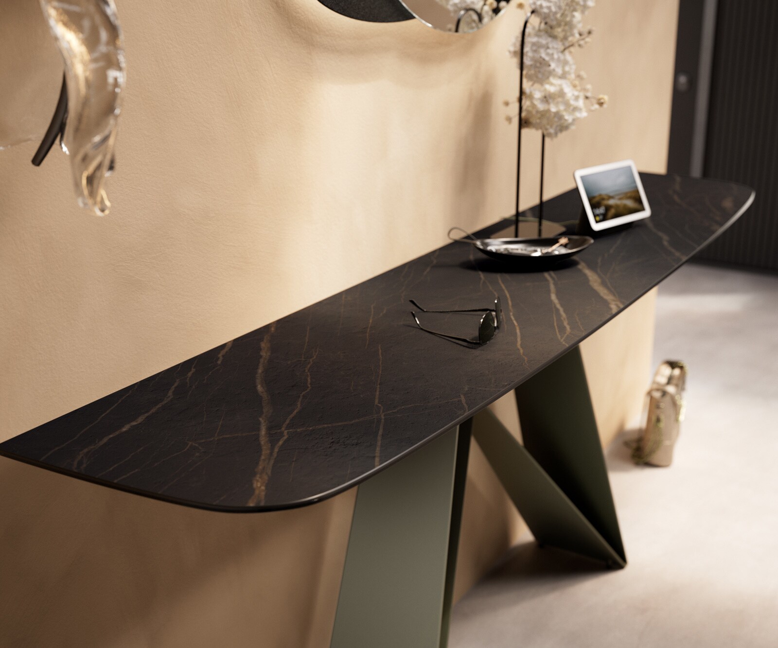 Console Edge forme bateau 180x40 cm Céramique Laminam® Noir Desir Braun Velio Métal Effektfinish Titan 6