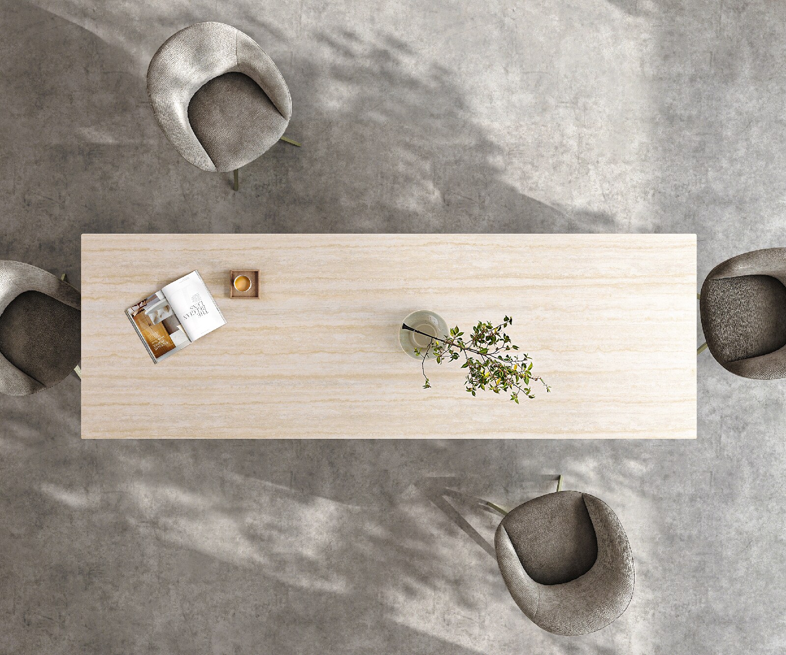 Table à manger Edge 300x100 céramique Laminam® Travertino Bianco crème-blanc Zenthara Angulaire métal effet finition titanee 5