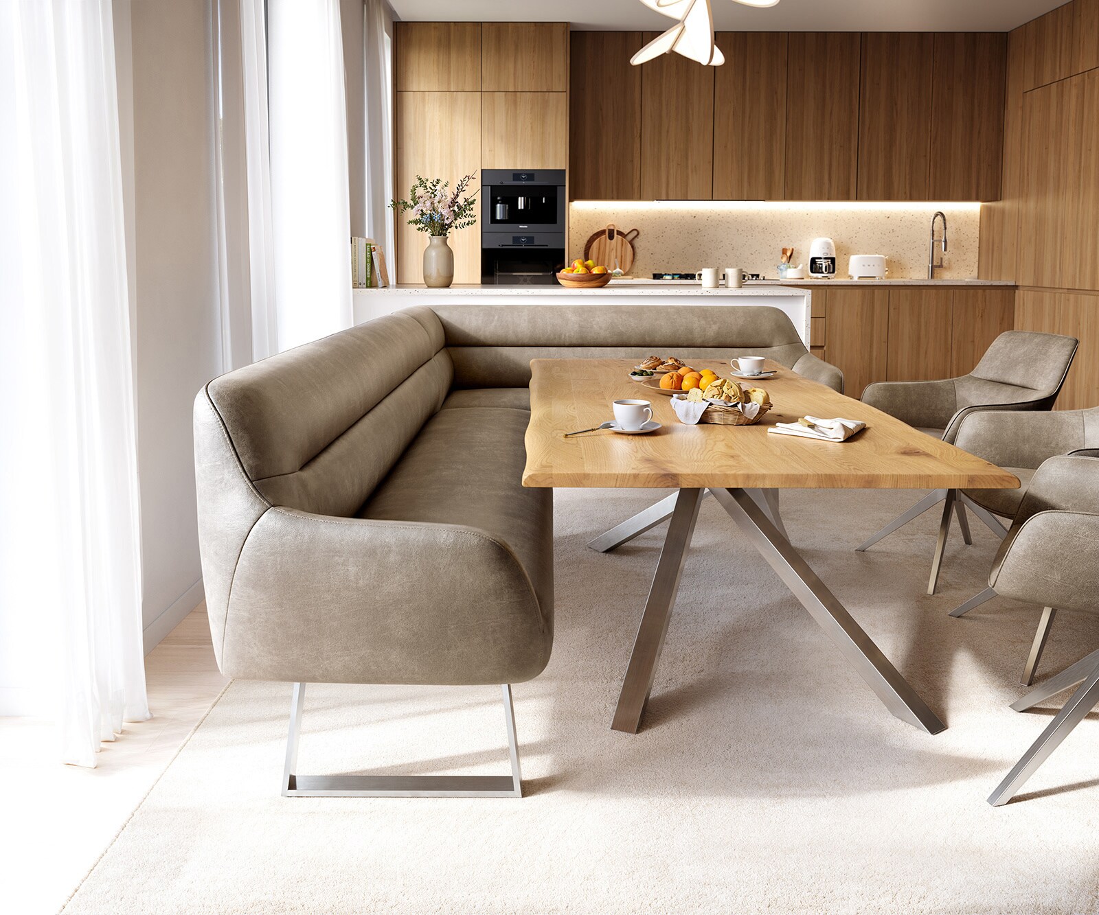 Banc-de-salle-à-manger Taya-Flex 285x190 cm microfibre beige vintage piètement à patins angulaire acier inoxydable ressort ensaché liens 2