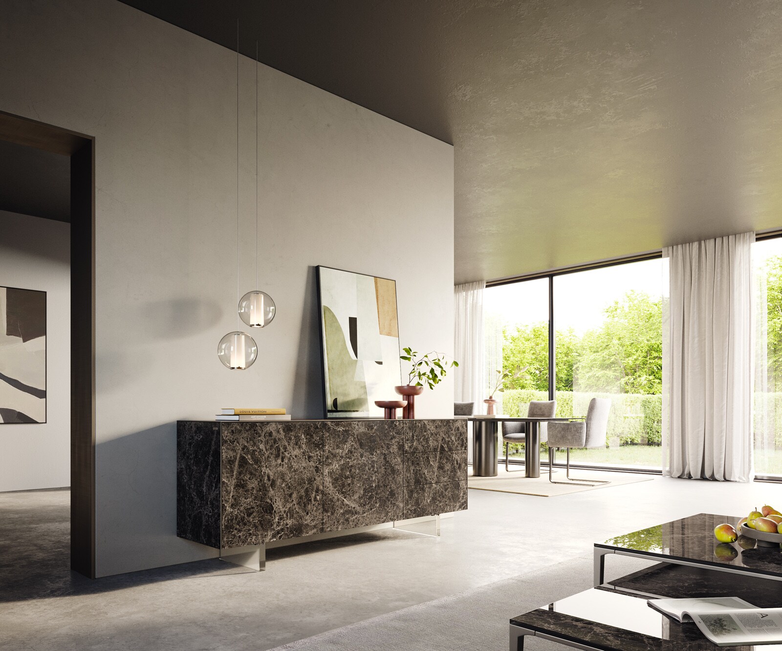 Buffet Cuor 180 cm Céramique Laminam® Emperador Extra Lucidato brun foncé 2 Portes 3 Tiroirs Pied optique flottant Verre acrylique 6