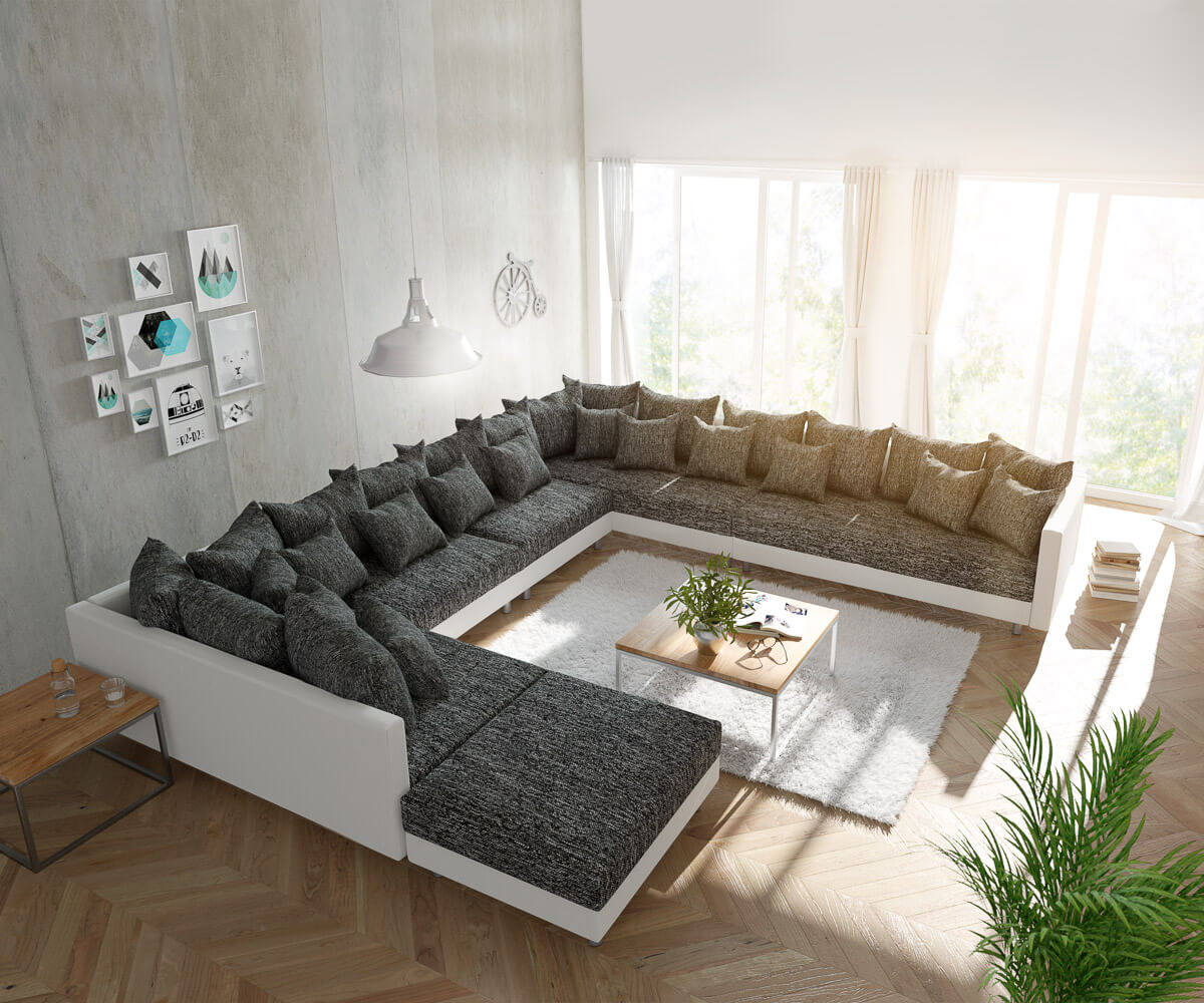 Canapé-panoramique Clovis XXL blanc noir avec tabouret poufs droite Canapé-panoramique Clovis XXL blanc noir avec tabouret poufs droite