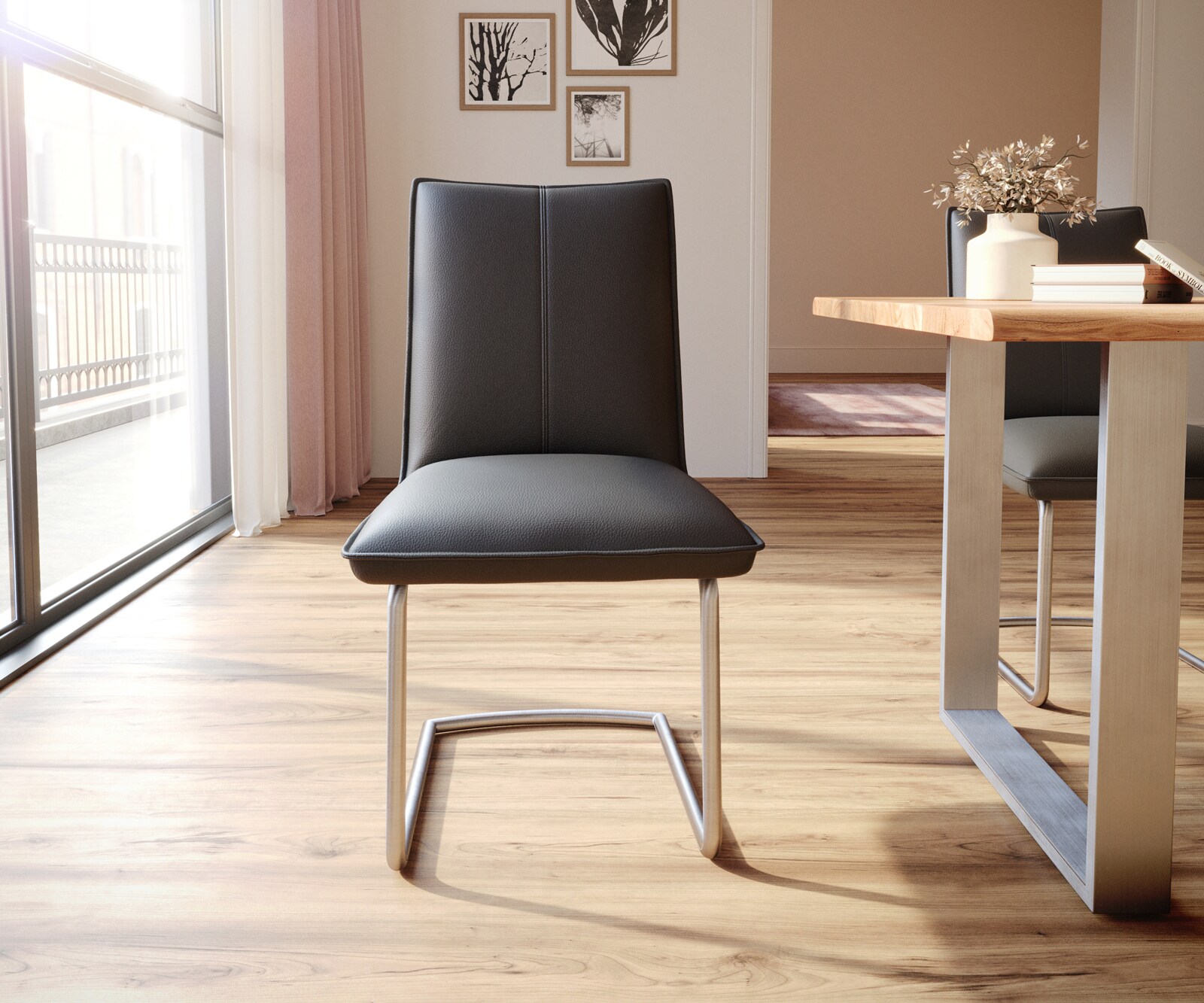 Cantilever Lelio-Flex cuir de vache noir pied cantilever rond acier inoxydable brossé ressorts ensachés 2