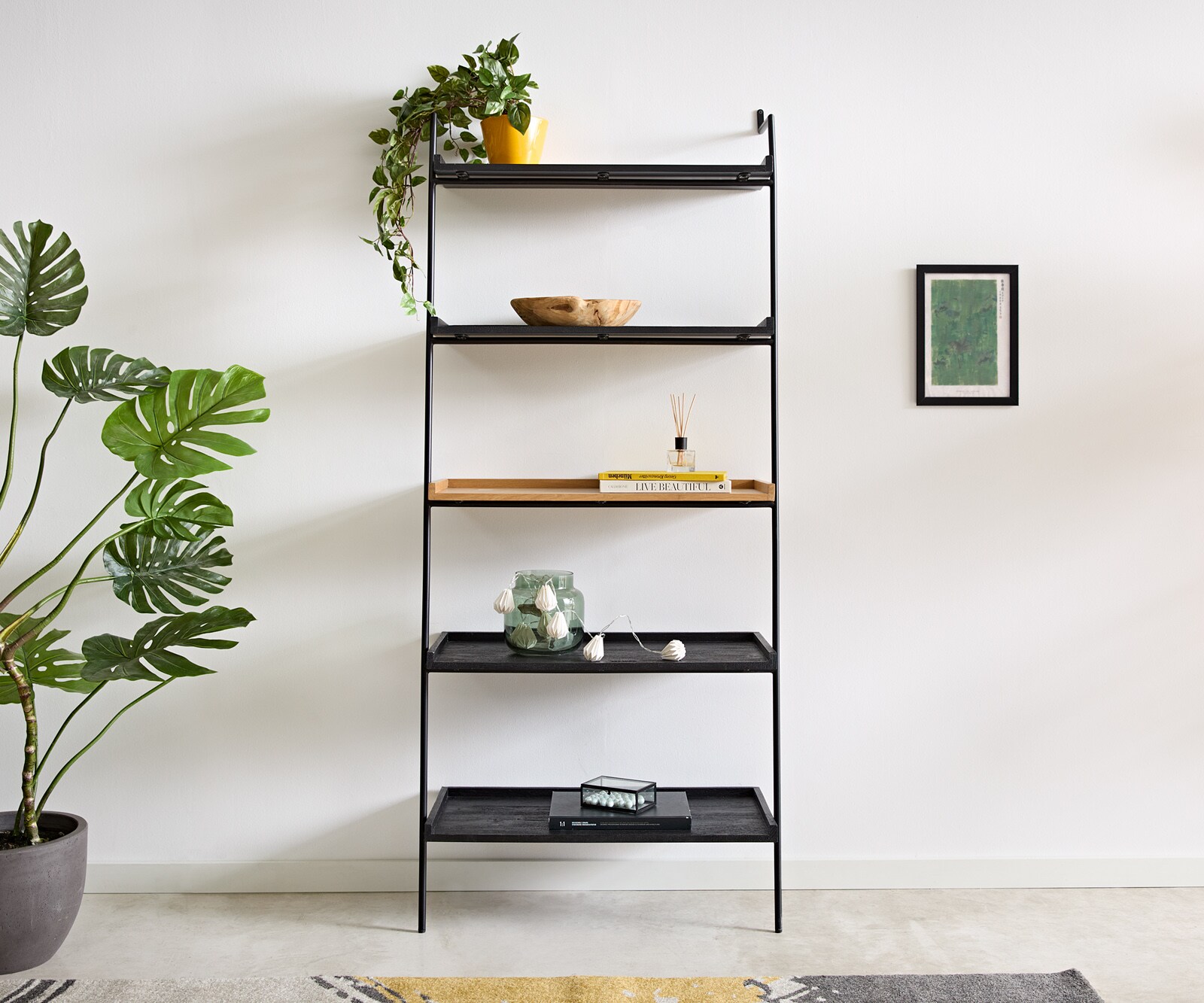 Bibliothèque Mikkusu 80x185 cm Bambou Naturel Manguier Noir 5 étagères Métal Noir 1