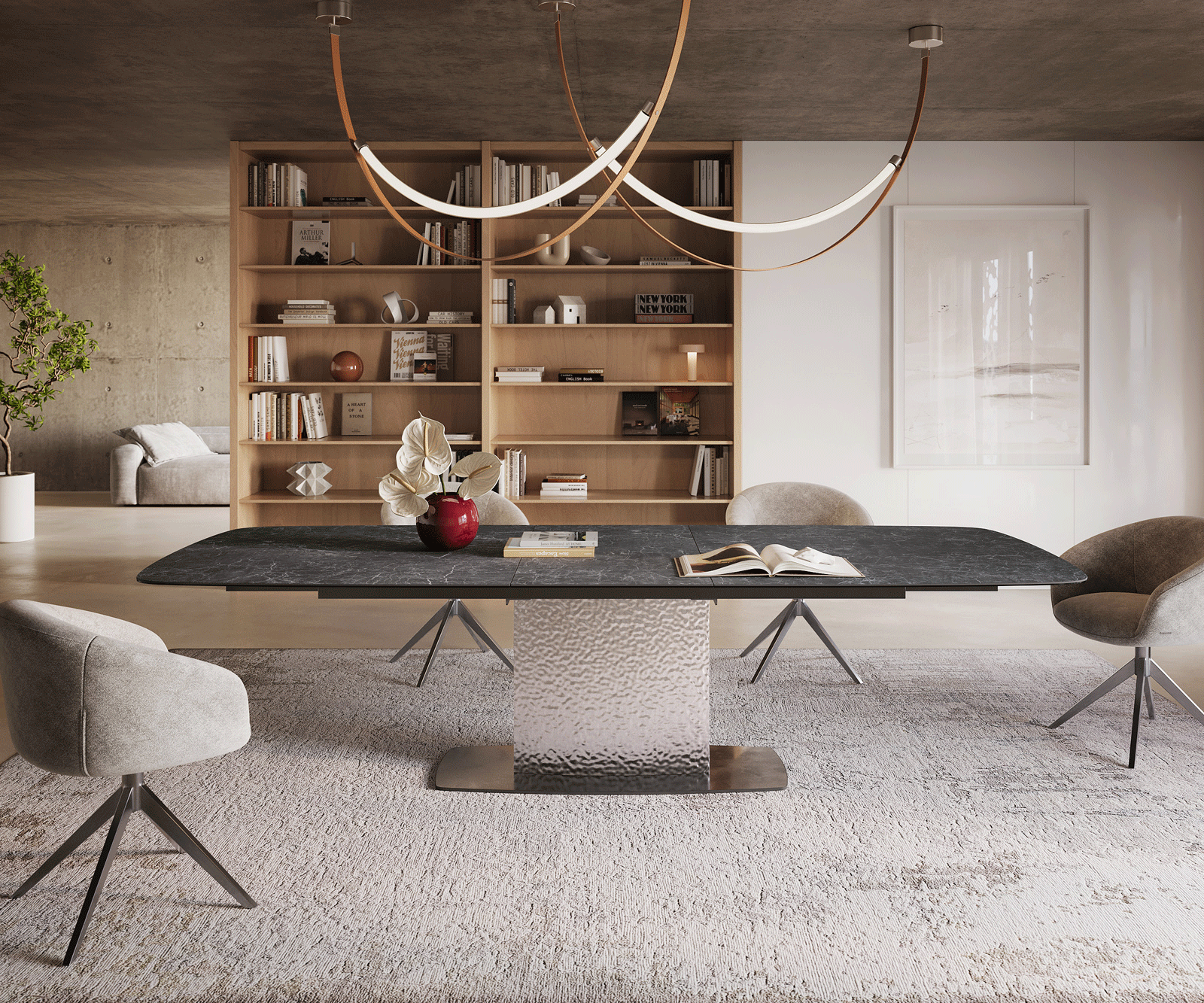 Table à manger Edge Boot 240-300x120 cm Céramique Laminam® Nero Greco Anthracite Wave Acier inoxydable extensible 1