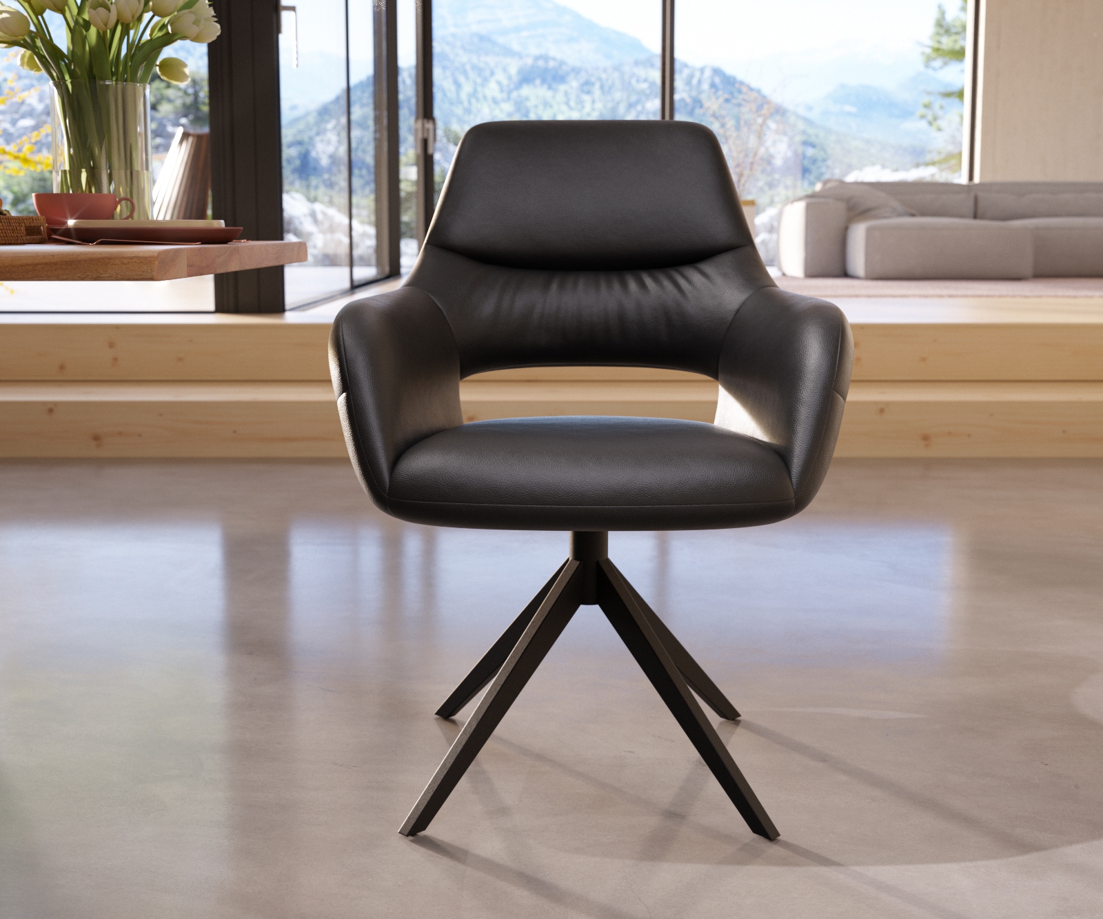 Chaise-de-salle-à-manger Yago-Flex avec accoudoirs cuir de vache noir pied croisé large noir ressorts ensachés 1 Chaise-de-salle-à-manger Yago-Flex avec accoudoirs cuir de vache noir pied croisé large noir ressorts ensachés 1