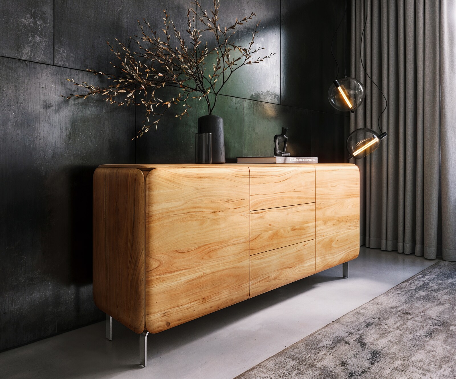 Buffet Shavani 175 cm Acacia naturel 2 portes 3 tiroirs Pieds en L Acier inoxydable argenté