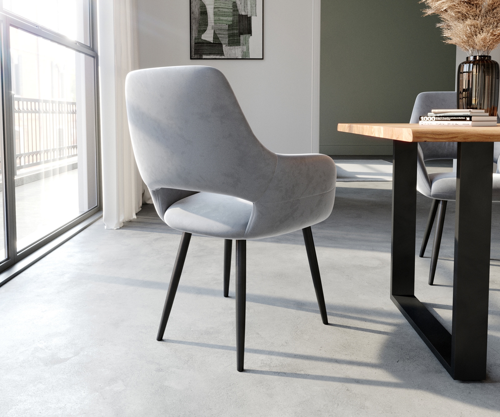 Chaise-de-salle-à-manger Yago-Flex avec accoudoirs velours gris 4 pieds coniques noir ressorts ensachés 4 Chaise-de-salle-à-manger Yago-Flex avec accoudoirs velours gris 4 pieds coniques noir ressorts ensachés 4