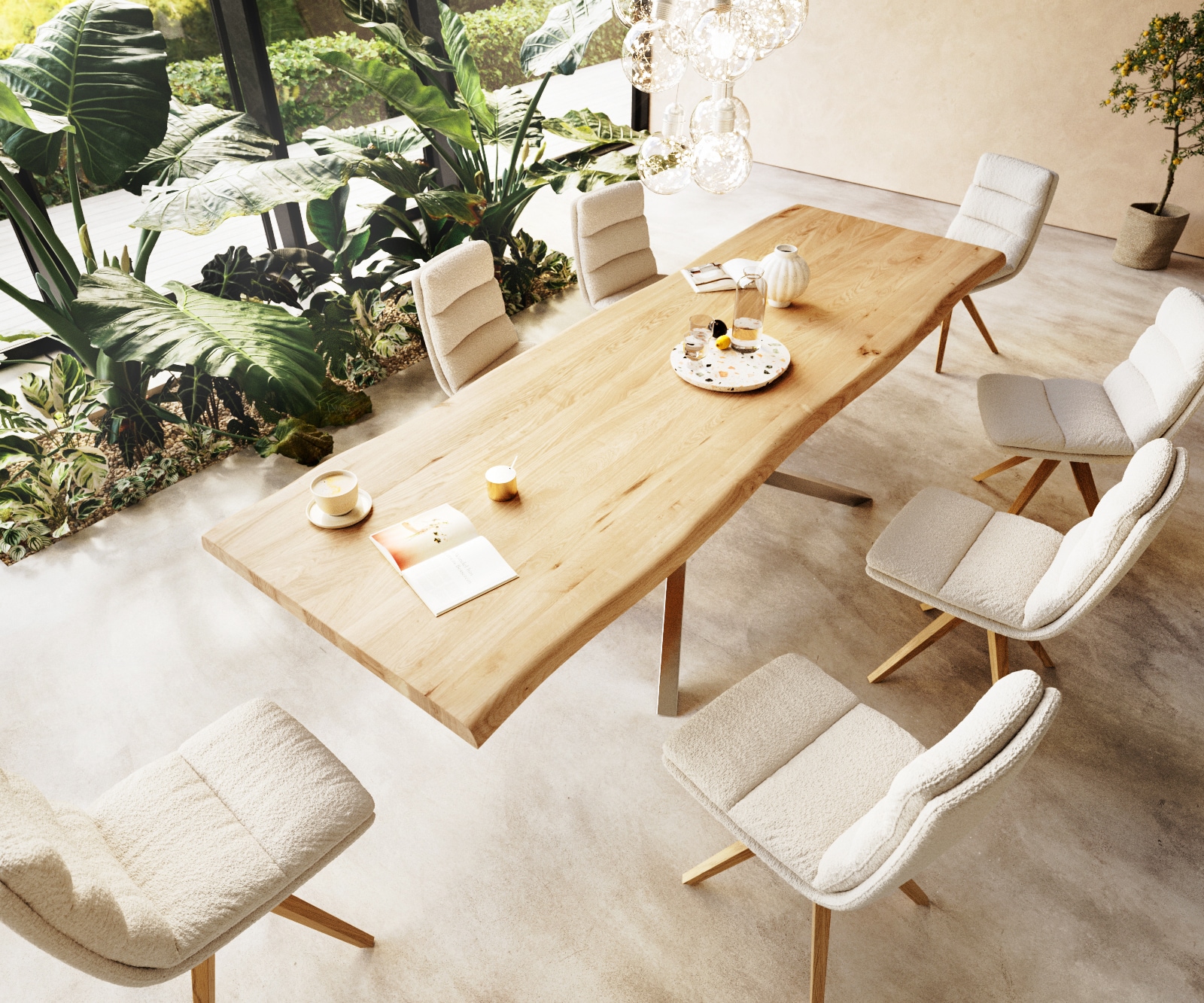 Table à manger Edge 300x100 chêne nature cadre croisé rectangle acier inoxydable Live-Edge 1 Table à manger Edge 300x100 chêne nature cadre croisé rectangle acier inoxydable Live-Edge 1