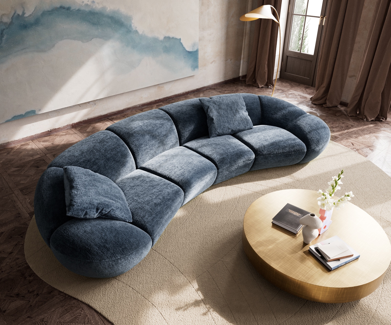 Grand canapé Lunna 360x175 cm chenille bleu 2 coussins 6 Grand canapé Lunna 360x175 cm chenille bleu 2 coussins 6