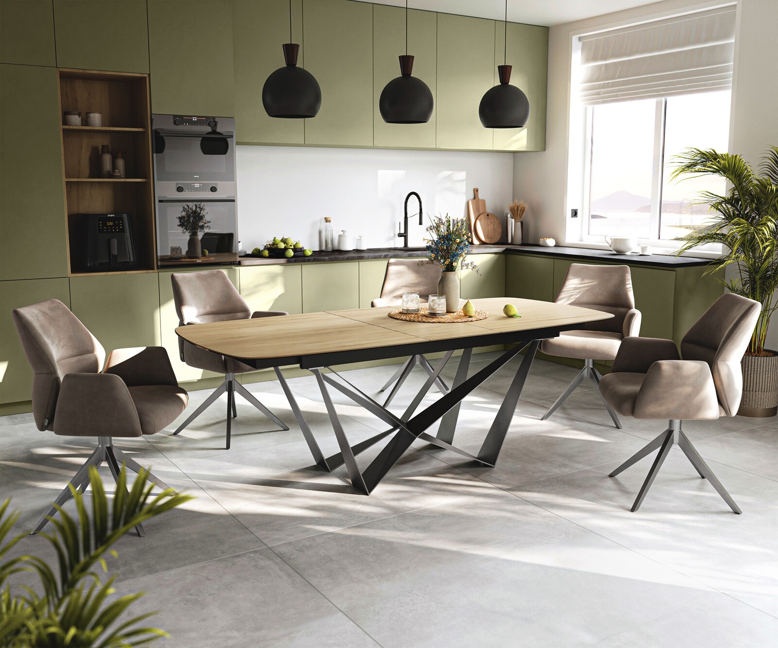 Table à manger Edge Boot 180-220x100 cm Céramique Laminam® Sabbia Eichefarbig Spider Flachstahl Acier inoxydable Graphite extensible 5