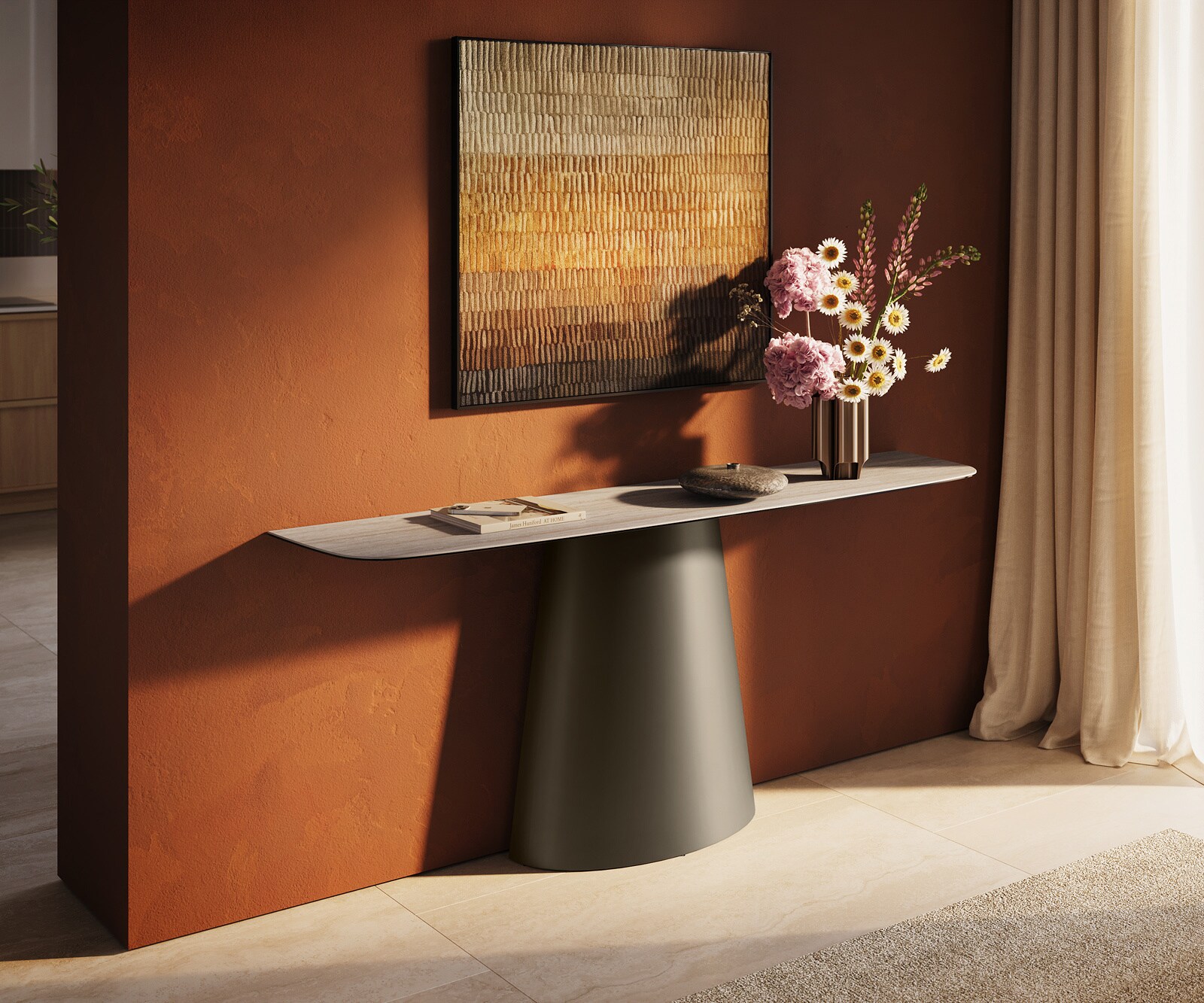Console Edge forme bateau 180x40 cm Céramique Laminam® Travertino Bianco Creme-Weiß Conos Métal Effektfinish Titan 1