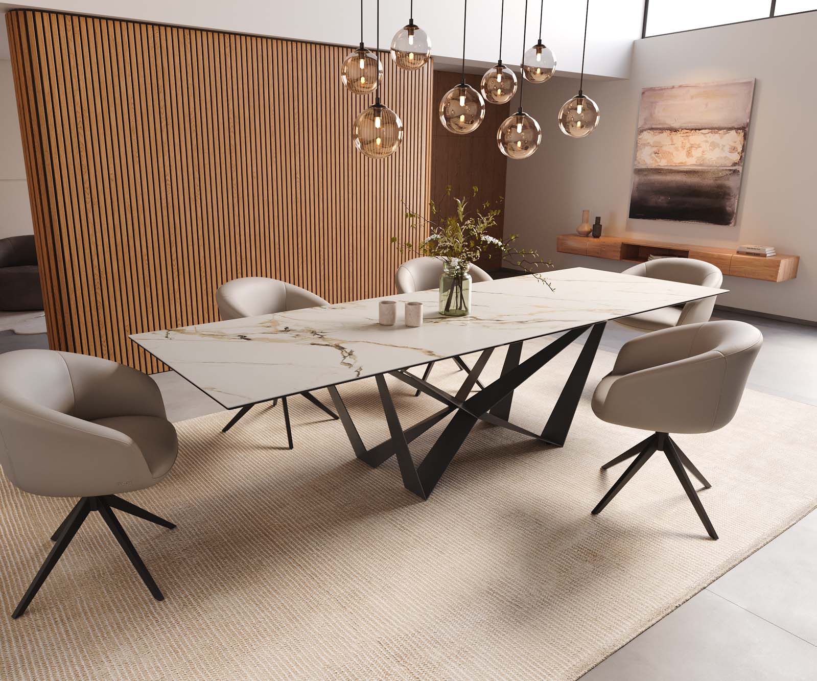 Table à manger Edge 300x100 céramique Calacatta Luxe blanc-doré-gris Spider acier plat noir 8