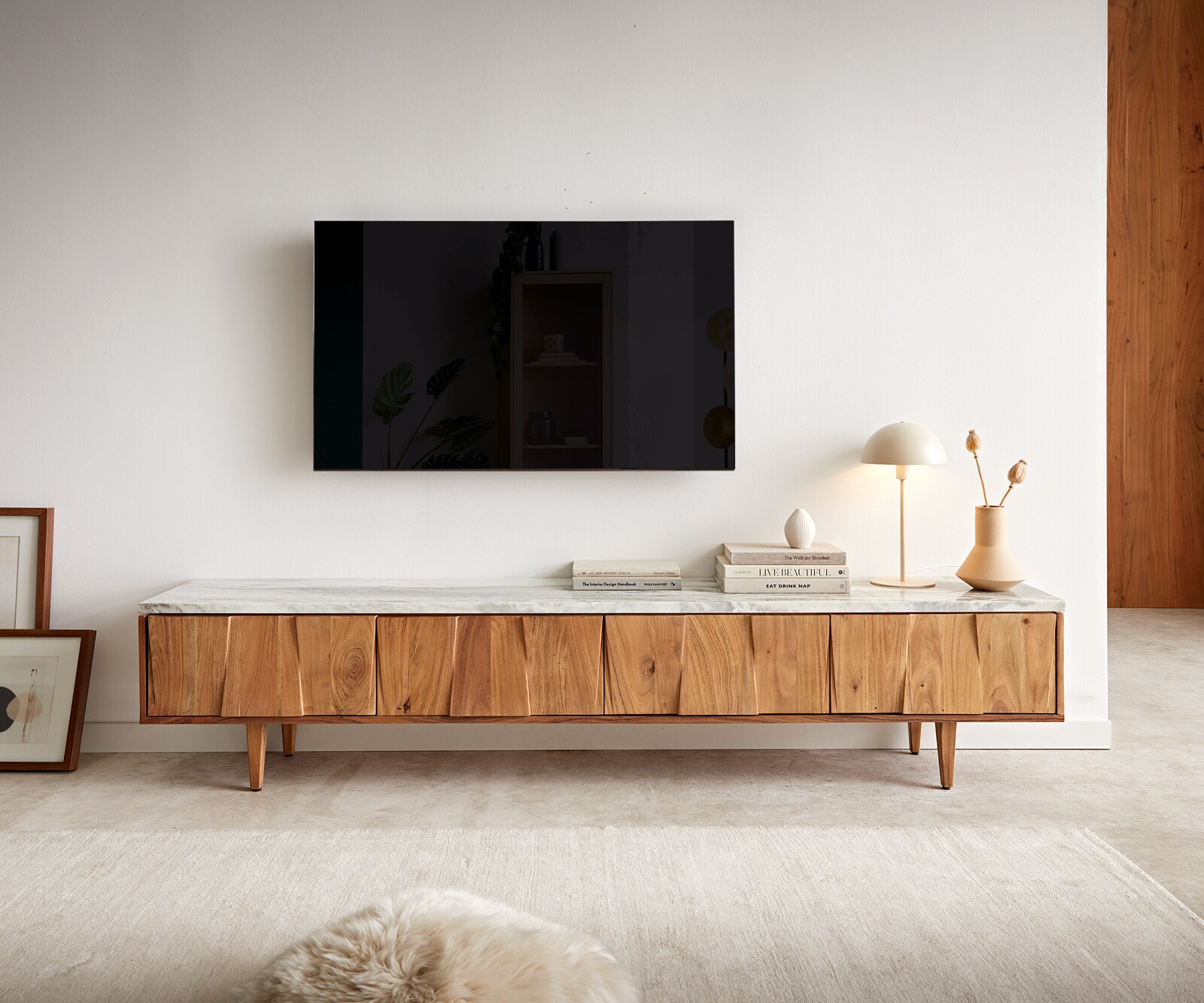 Meuble-TV Shia 200cm acacia naturel marbre gris-blanc 4 portes 2
