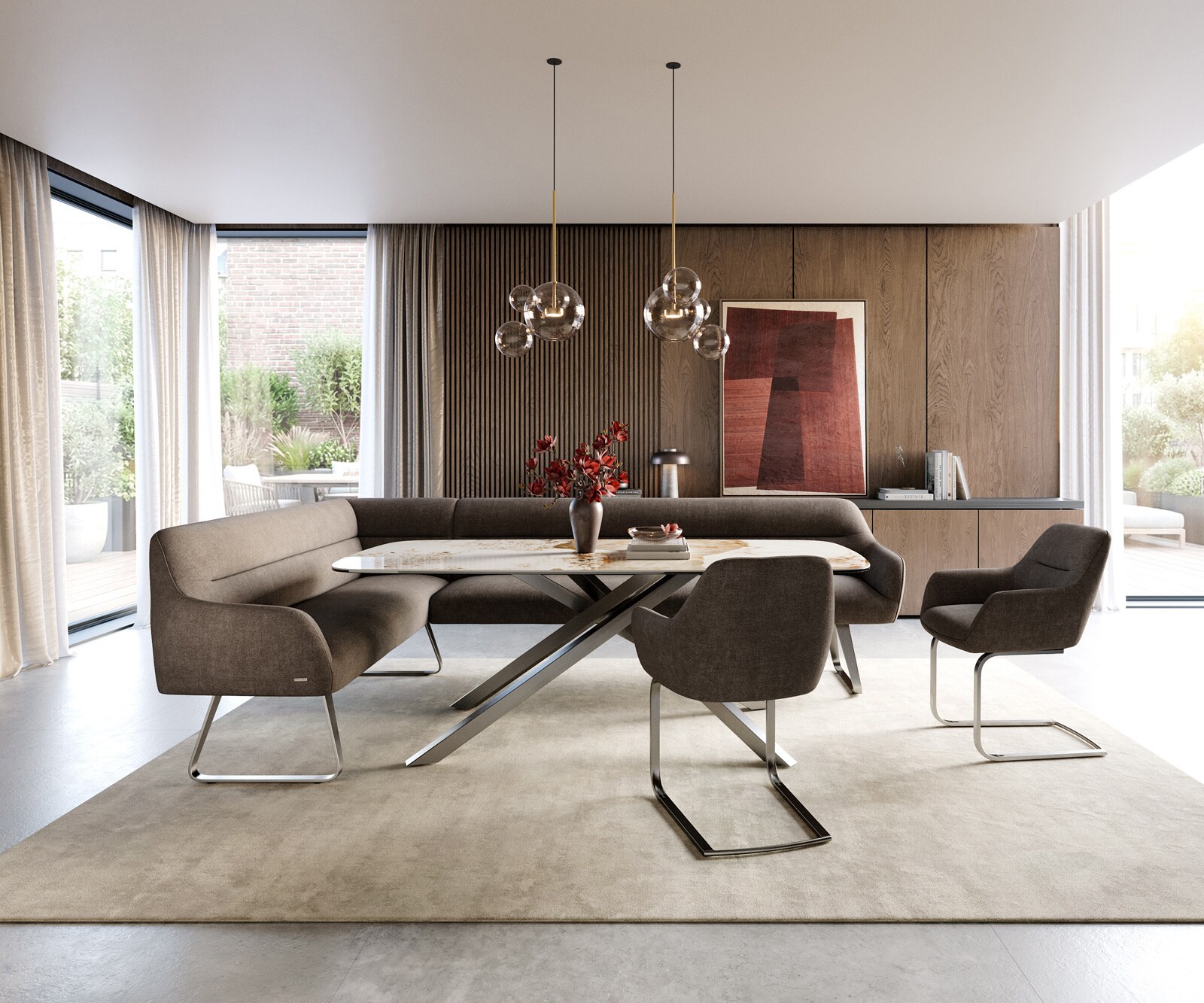 Banc-de-salle-à-manger Taya-Flex 285x190 cm tissu structuré doux taupe châssis à patins plat acier inoxydable ressort ensaché à droite 2