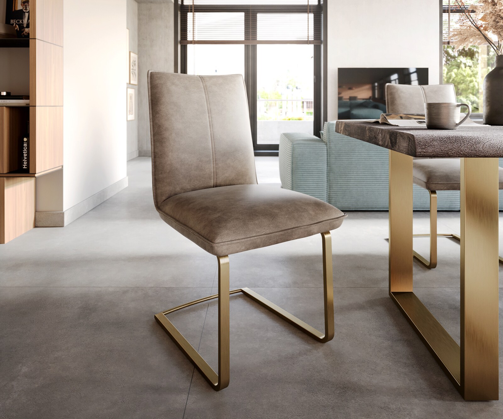 Cantilever Lelio-Flex microvelours taupe vintage pied cantilever plat or ressorts ensachés
