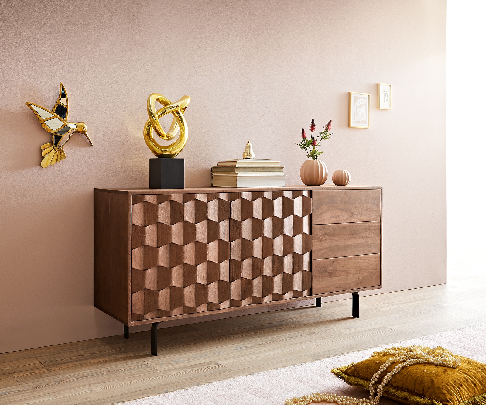 Buffet Fevo 145 cm acacia marron 2 portes 3 tiroirs Pied-L Buffet Fevo 145 cm acacia marron 2 portes 3 tiroirs Pied-L