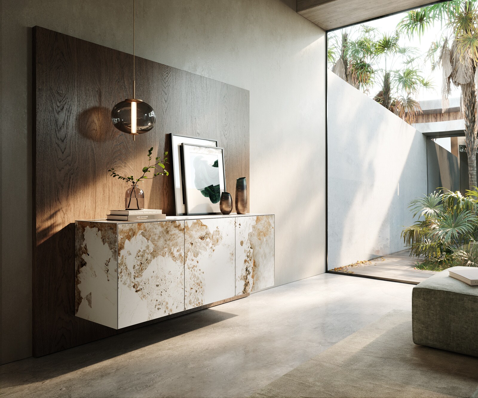 Buffet Cuor 150 cm Céramique Minas Melange Blanc-beige 3 Portes Flottant 1