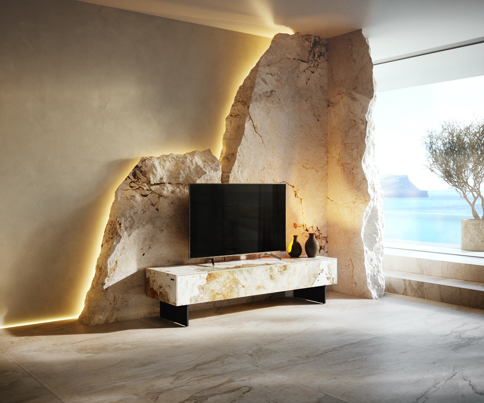 Meuble-TV Cuor 150 cm Céramique Minas Melange Blanc-beige 1 Clapet 1 Tiroir Pied optique flottant Métal Noir 1