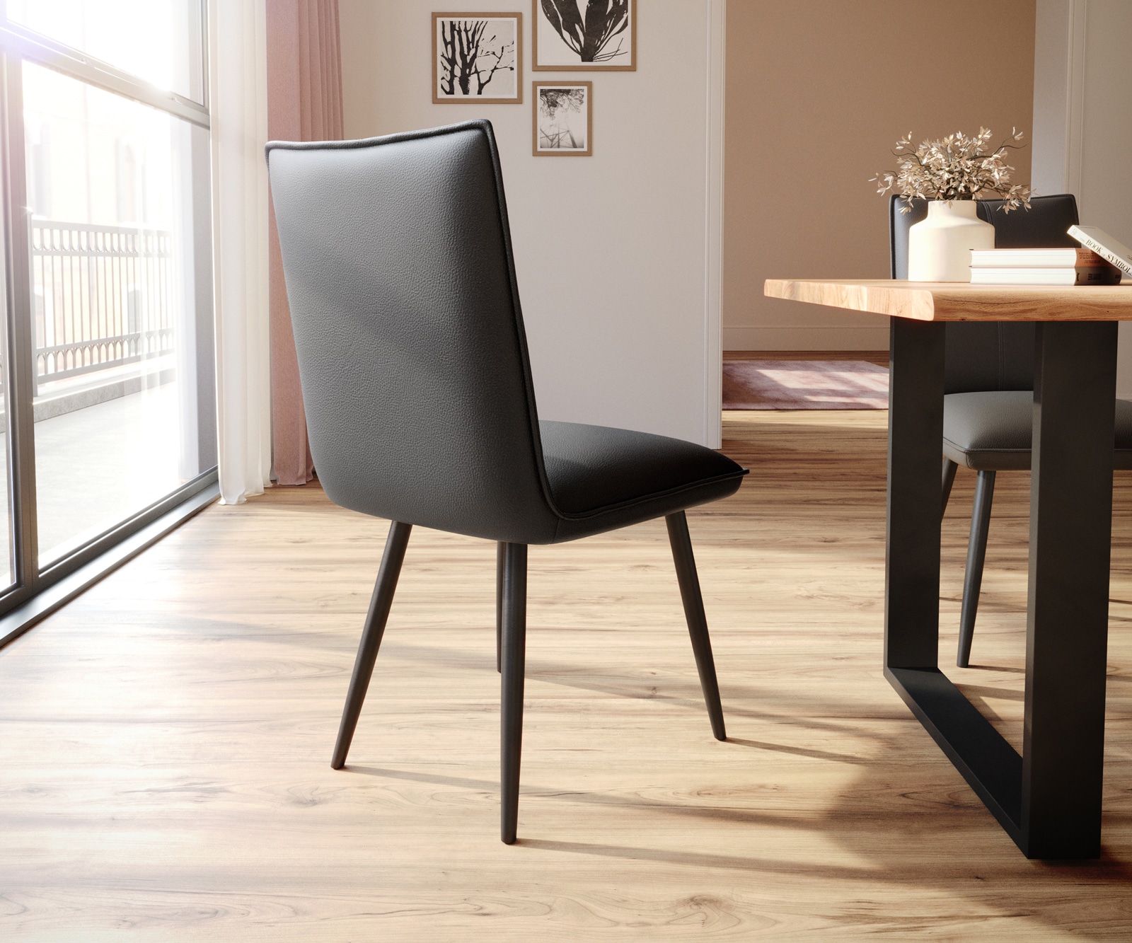 Chaise-de-salle-à-manger Lelio-Flex cuir de vache noir 4 pieds coniques noir ressorts ensachés 4 Chaise-de-salle-à-manger Lelio-Flex cuir de vache noir 4 pieds coniques noir ressorts ensachés 4