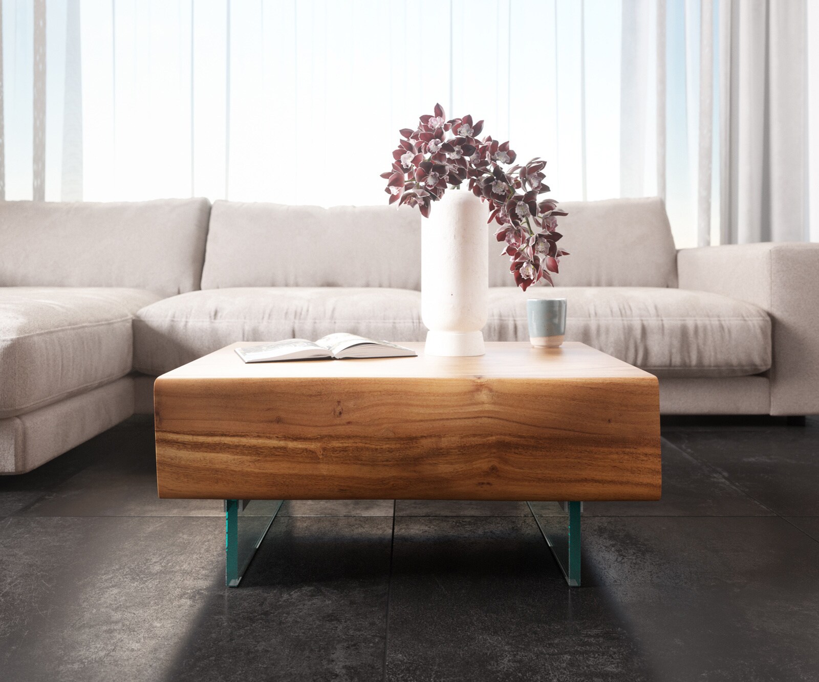 Table basse New Live-Edge 80x60 cm acacia naturel 2 tiroirs pieds en verre  1
