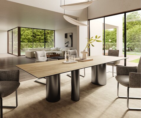 Table à manger Edge 300x100 Céramique Laminam® Sabbia Couleur chêne Troa Acier inoxydable Graphite